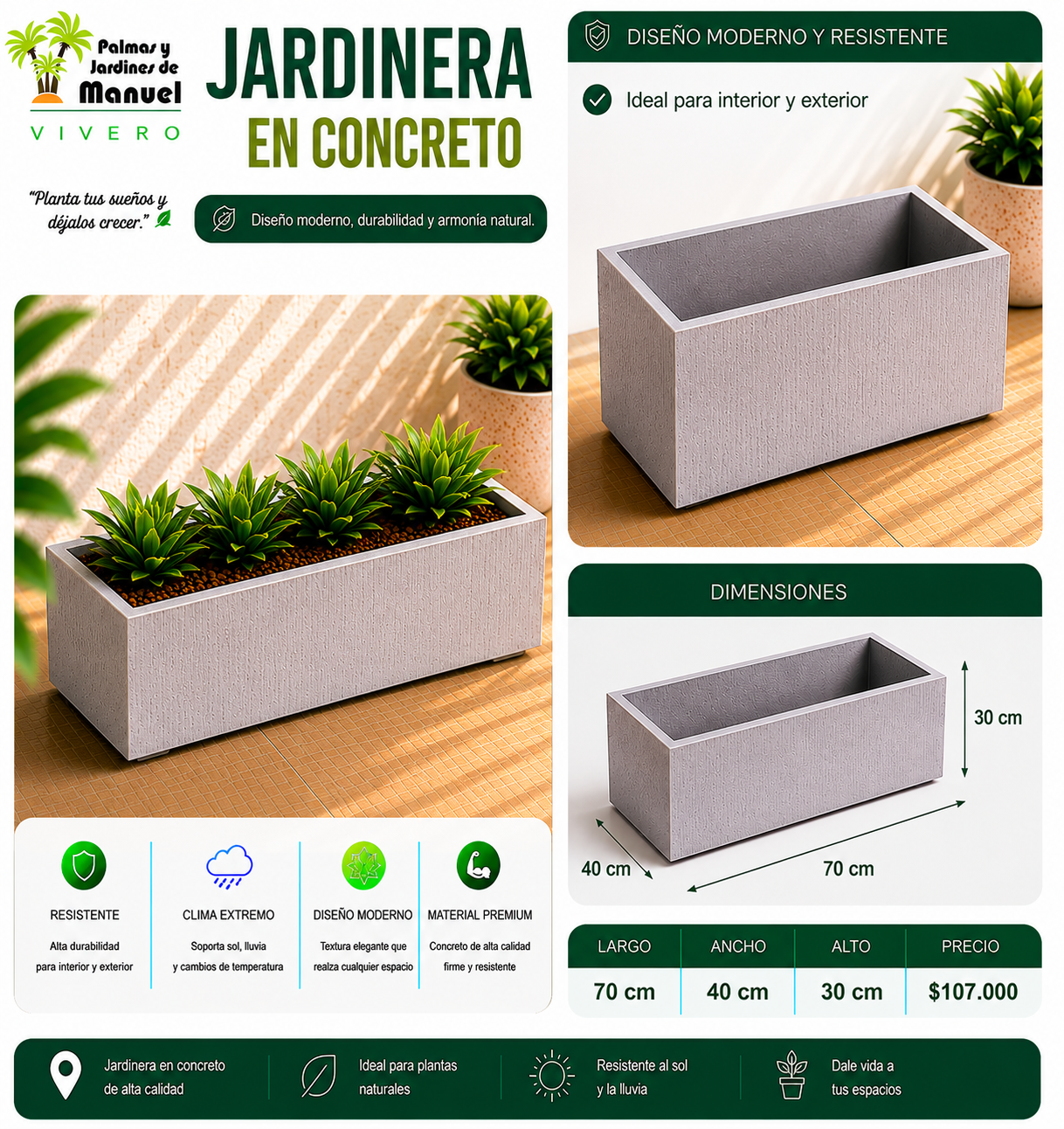 Jardinera en Concreto 70x40x30 cm
