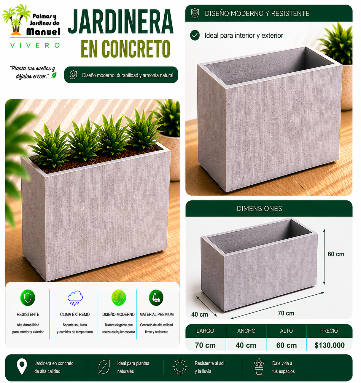 Jardinera en Concreto 70x40x60 cm