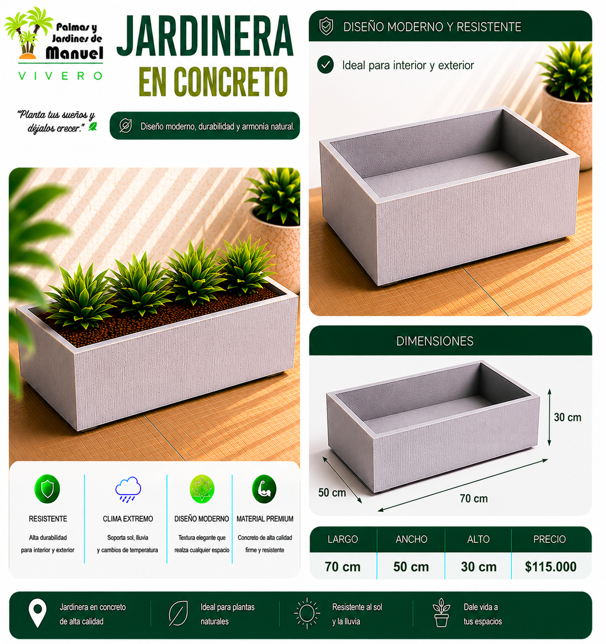 Jardinera en Concreto 70x50x30 cm