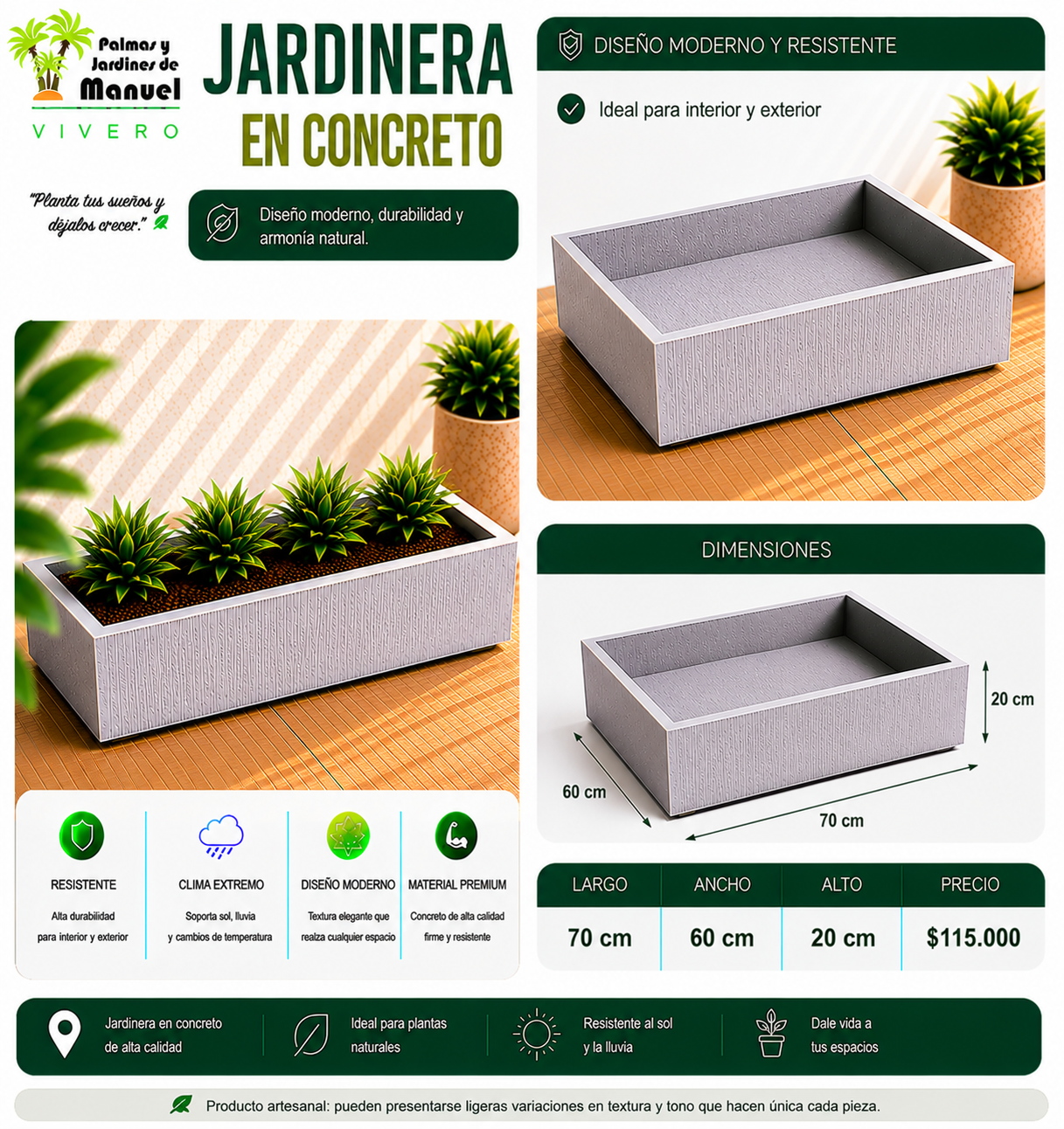 Jardinera en Concreto 70x60x20 cm
