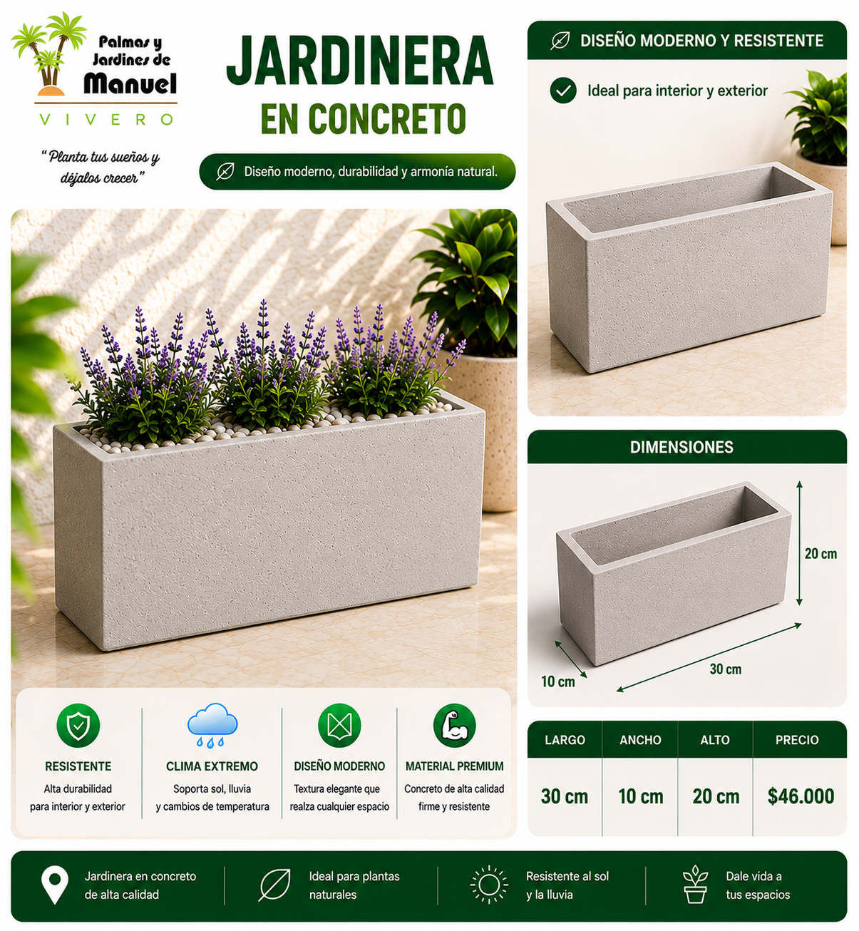 Jardinera en Concreto 30x10x20 cm