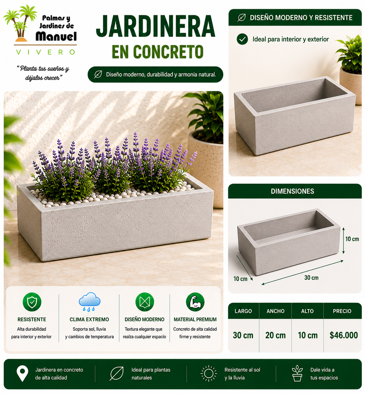 Jardinera en Concreto 30x20x10 cm