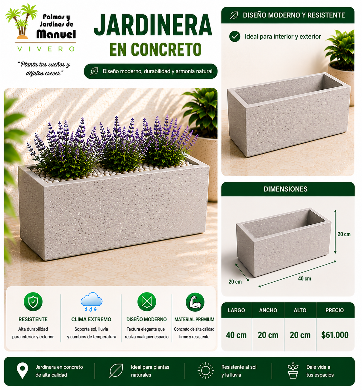 Jardinera en Concreto 40x20x20 cm