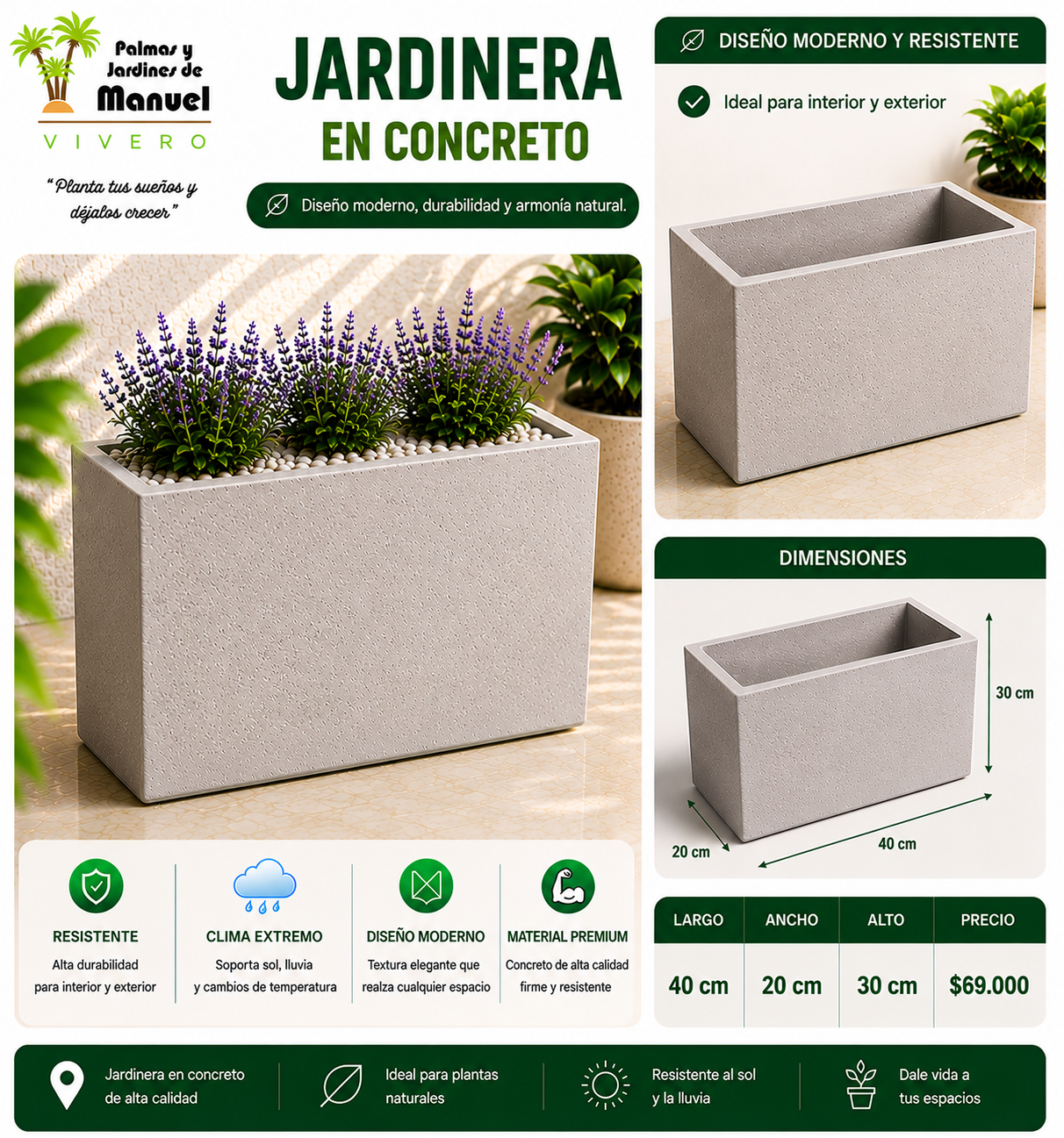 Jardinera en Concreto 40x20x30 cm
