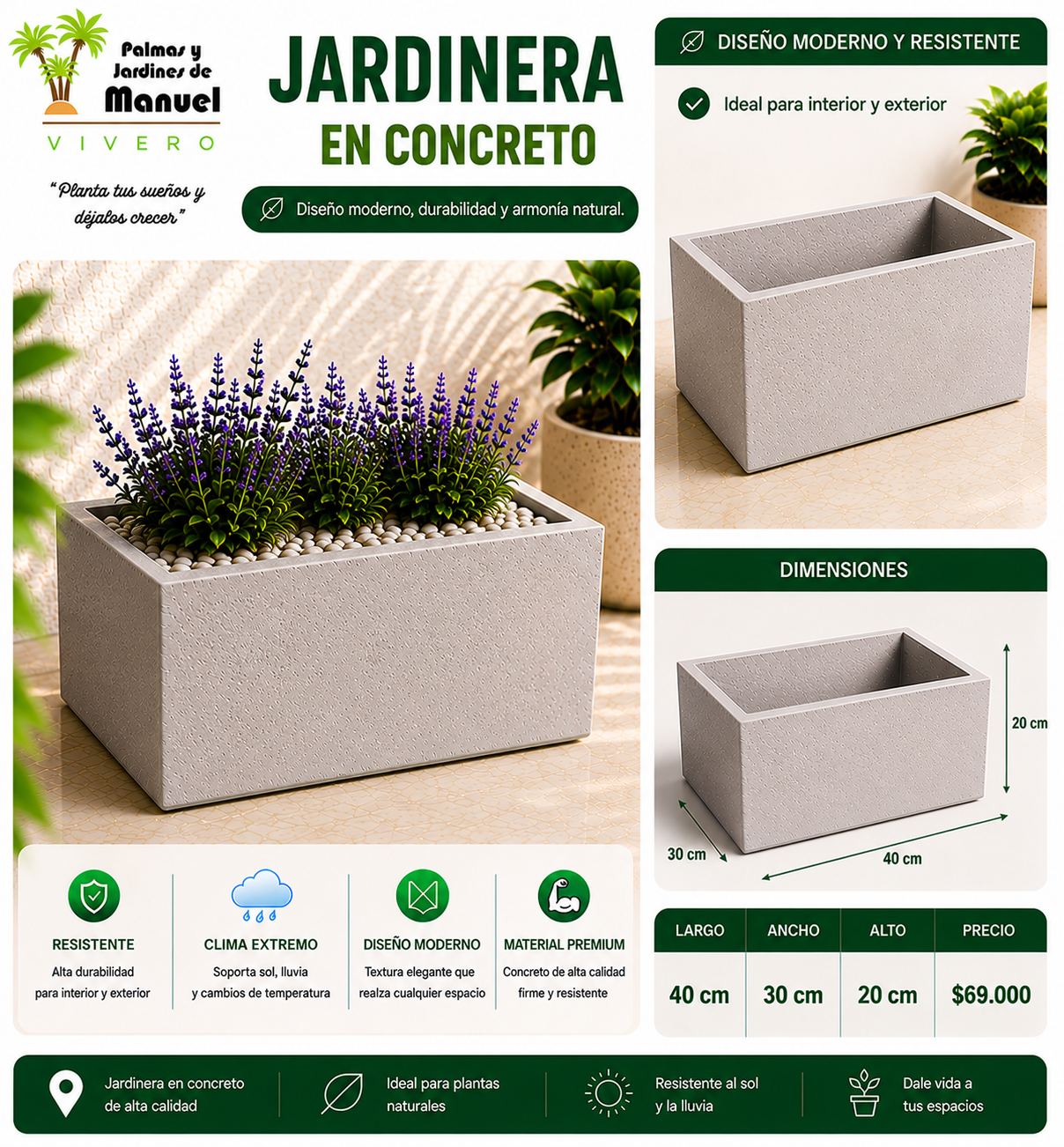 Jardinera en Concreto 40x30x20 cm
