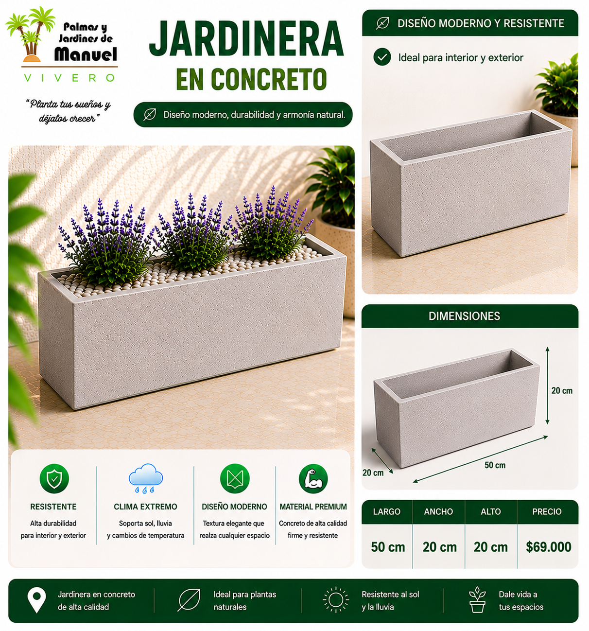 Jardinera en Concreto 50x20x20 cm