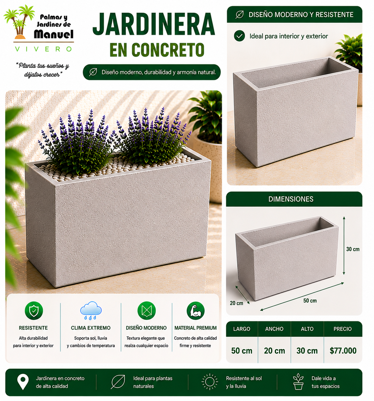 Jardinera en Concreto 50x20x30 cm