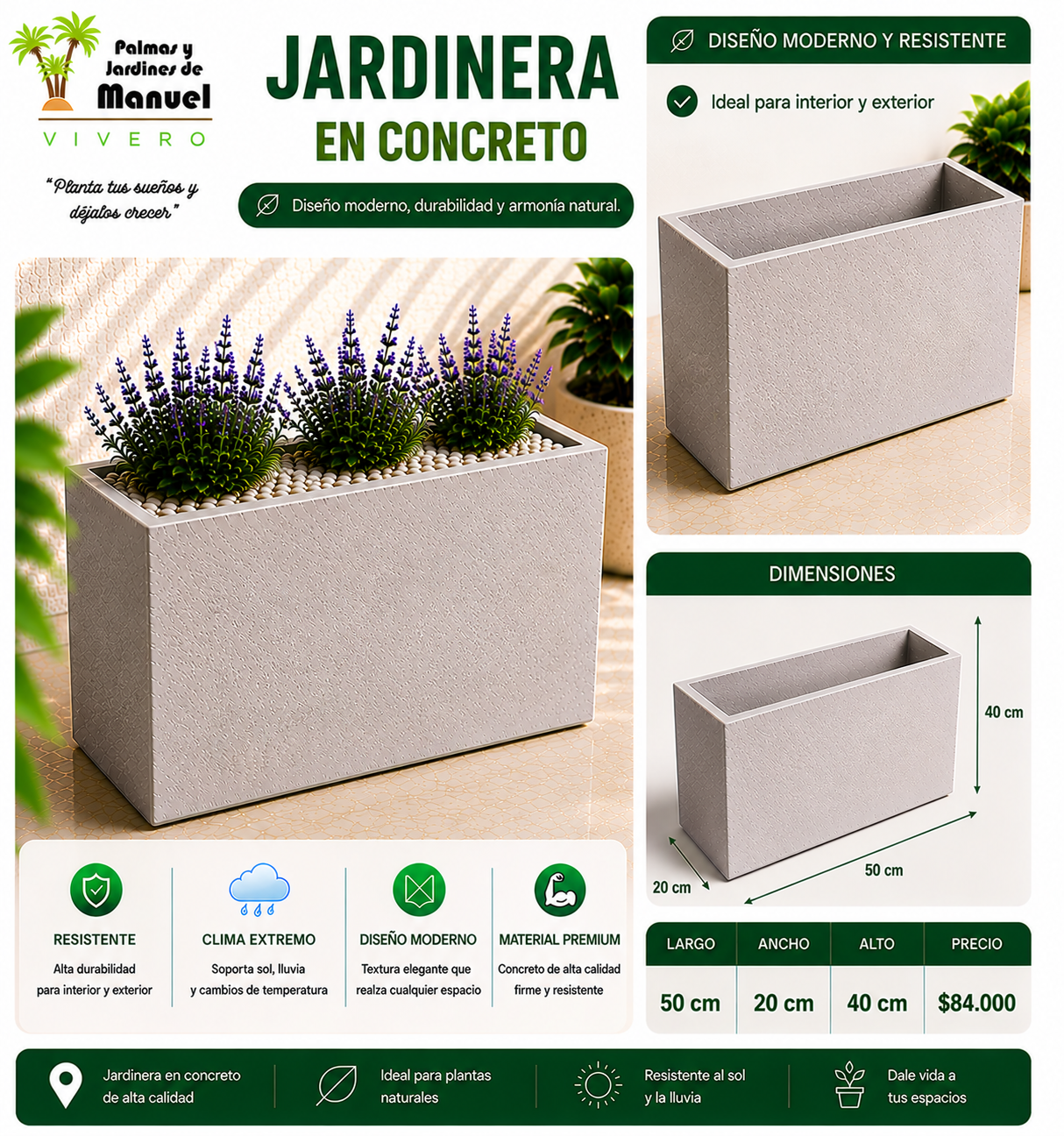 Jardinera en Concreto 50x20x40 cm