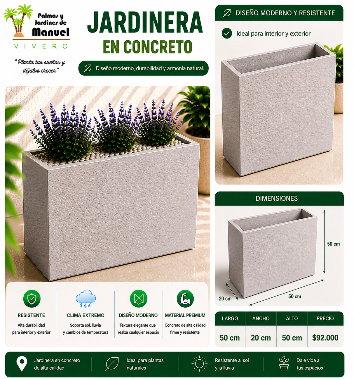 Jardinera en Concreto 50x20x50 cm
