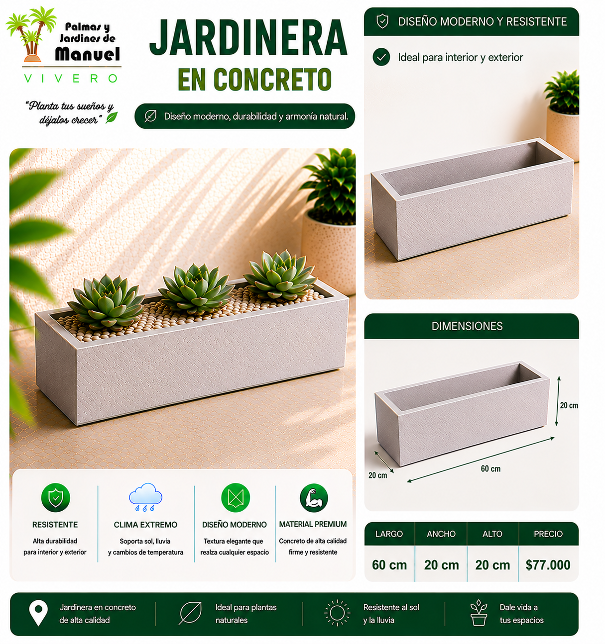 Jardinera en Concreto 60x20x20 cm