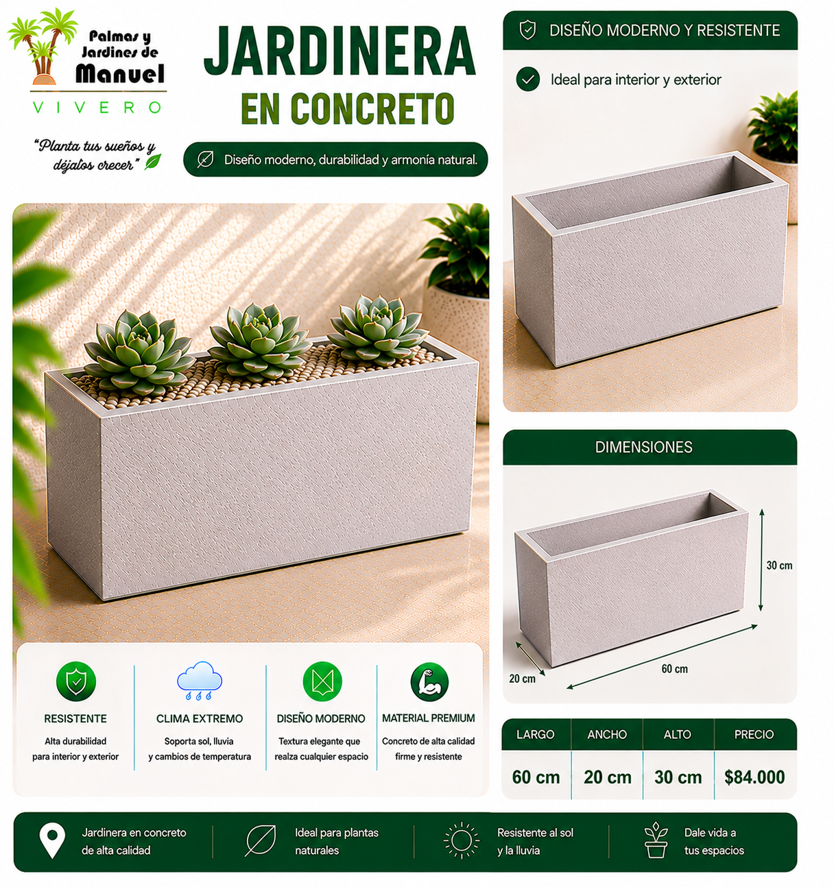 Jardinera en Concreto 60x20x30 cm
