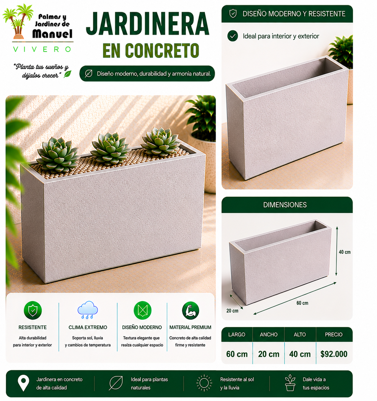 Jardinera en Concreto 60x20x40 cm