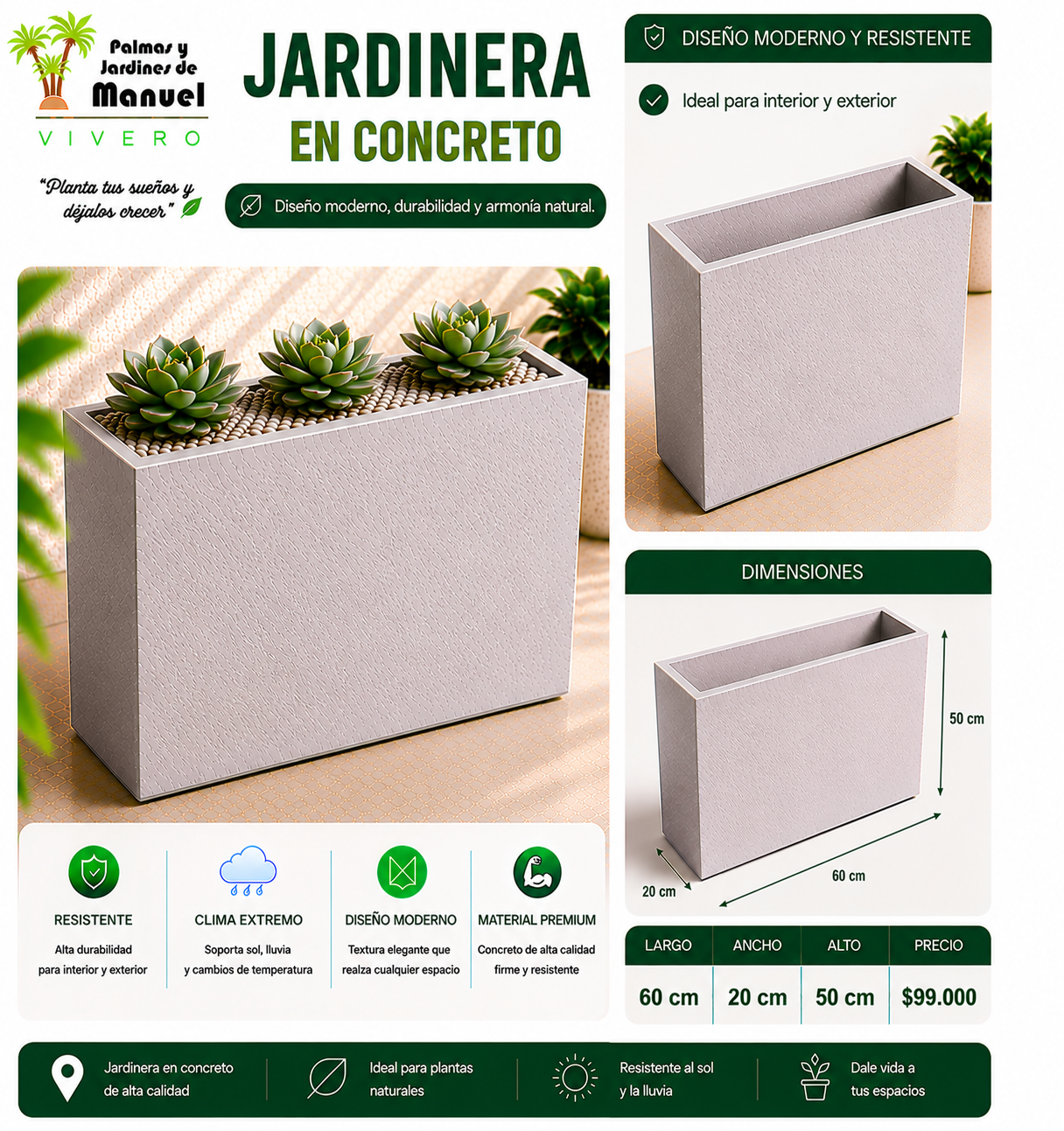 Jardinera en Concreto 60x20x50 cm