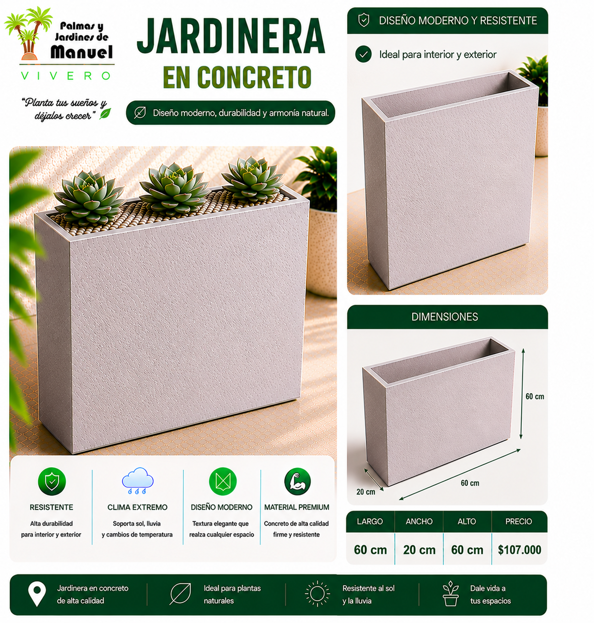 Jardinera en Concreto 60x20x60 cm