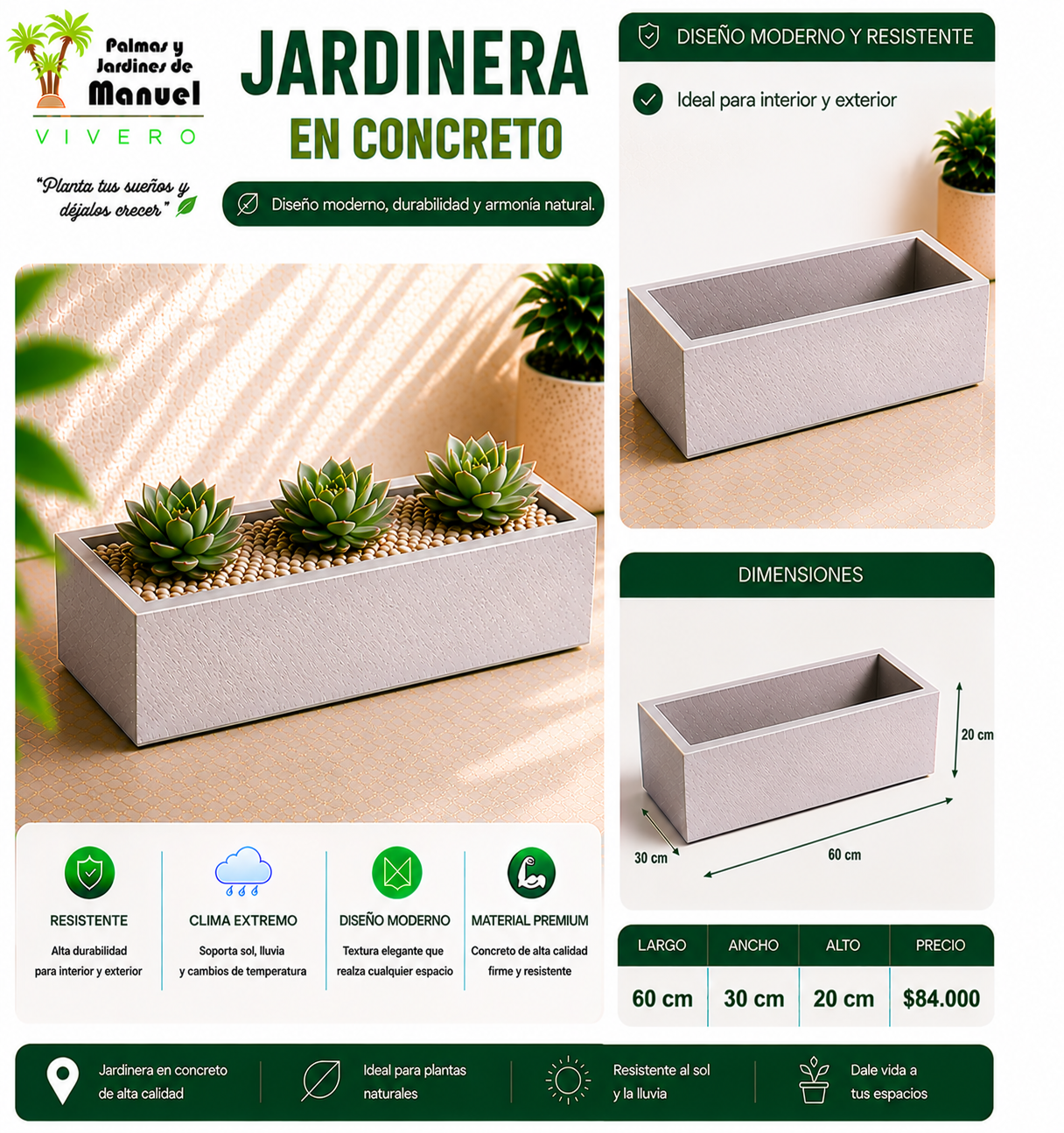 Jardinera en Concreto 60x30x20 cm