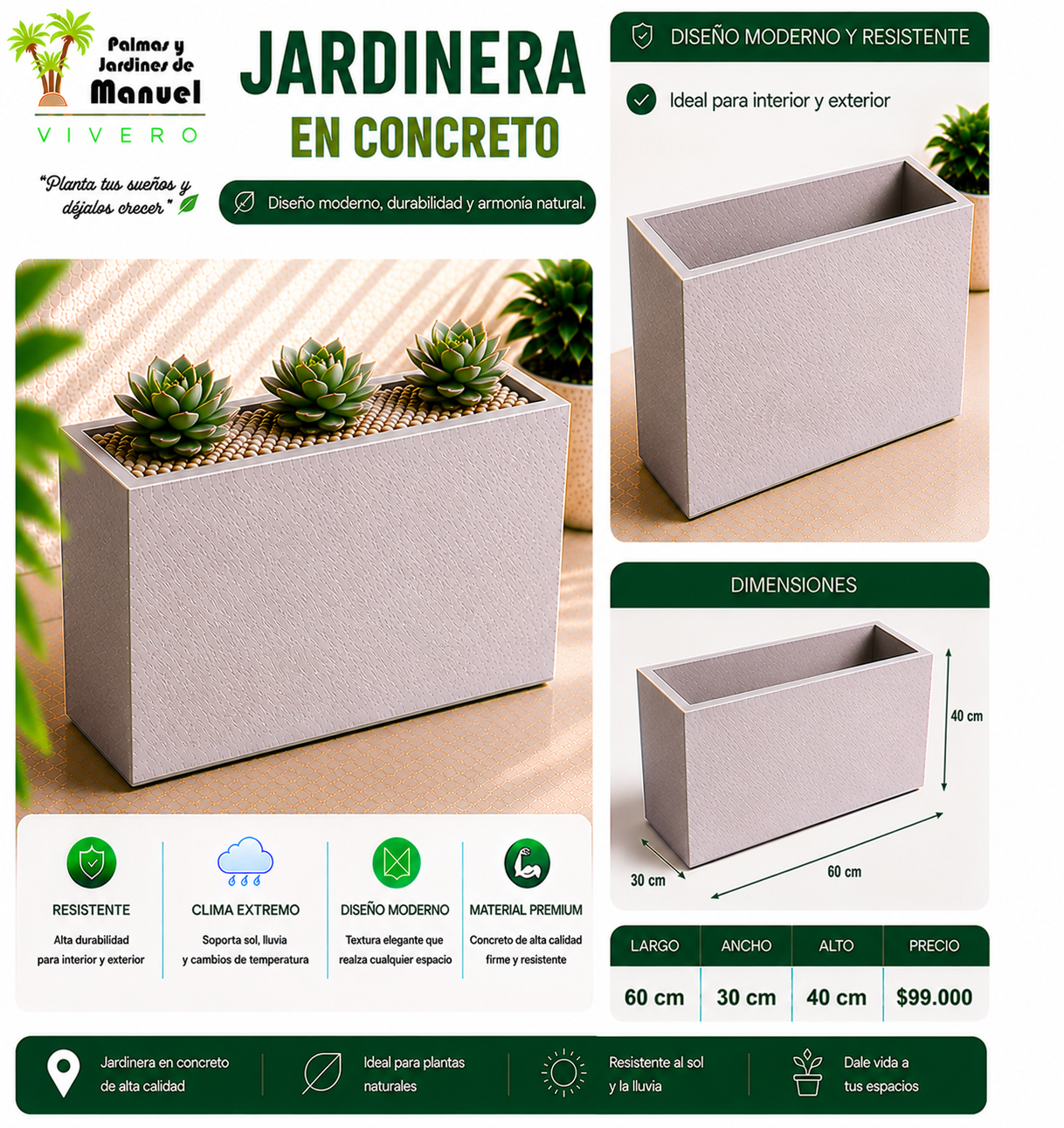 Jardinera en Concreto 60x30x40 cm
