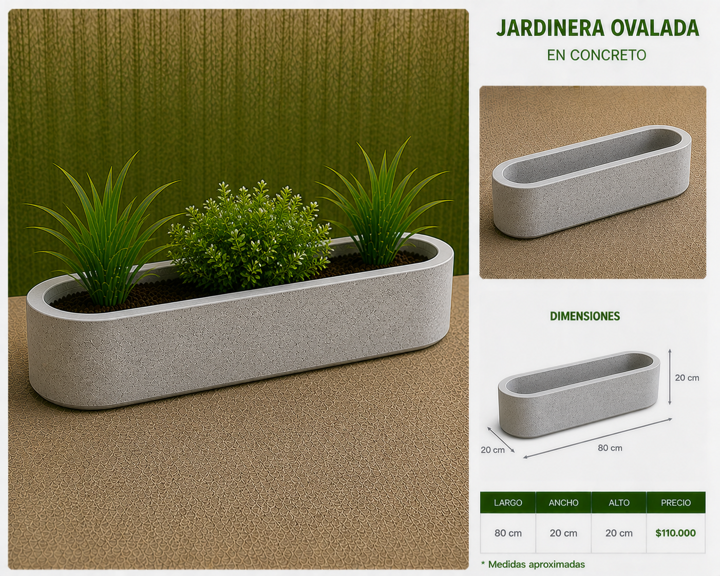 Jardinera Ovalada en Concreto 80x20x20 cm