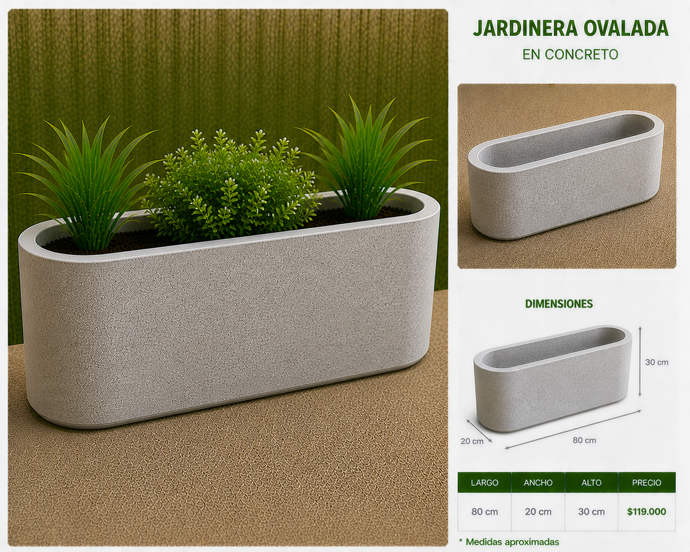 Jardinera Ovalada en Concreto 80x20x30 cm