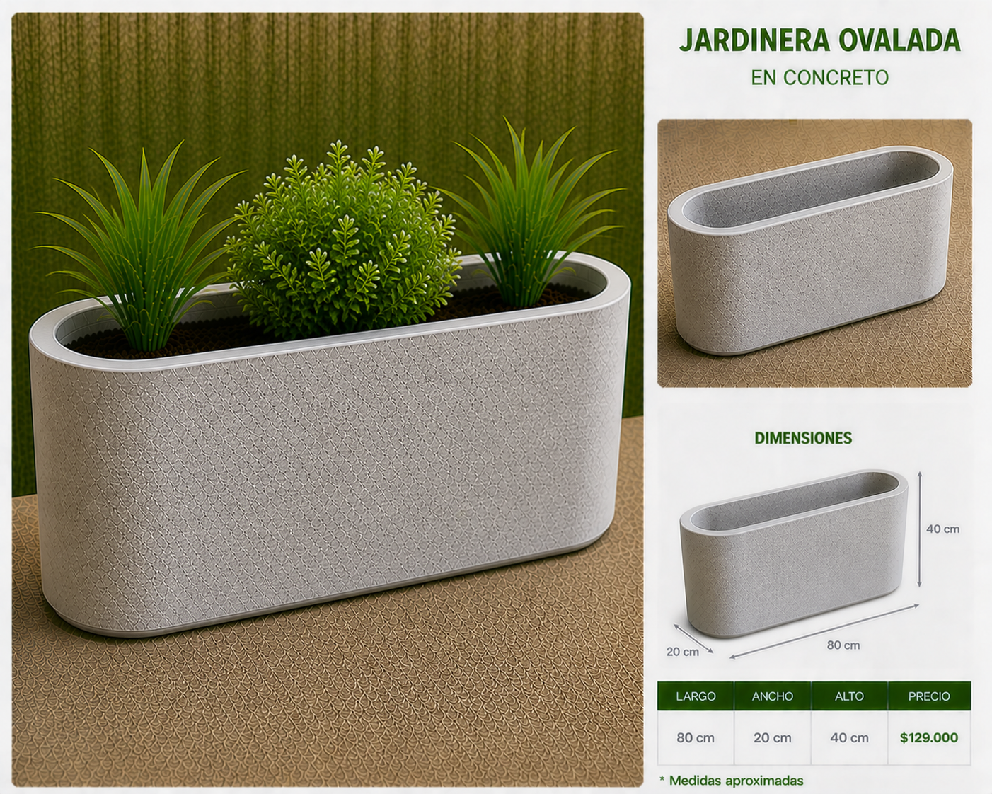 Jardinera Ovalada en Concreto 80x20x40 cm