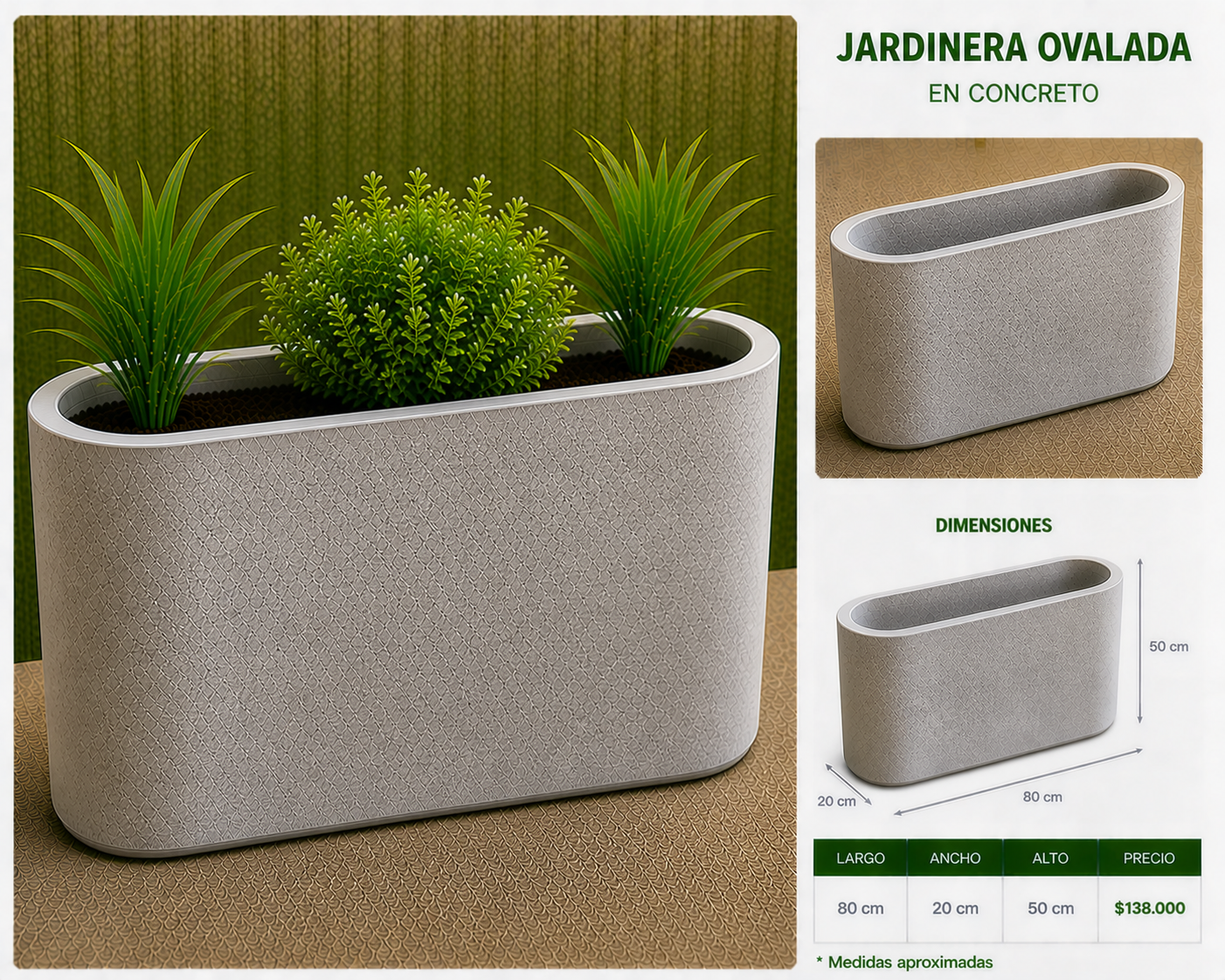 Jardinera Ovalada en Concreto 80x20x50 cm