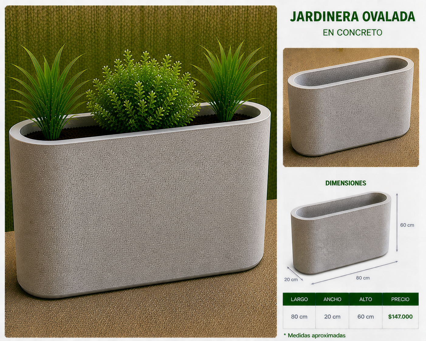 Jardinera Ovalada en Concreto 80x20x60 cm