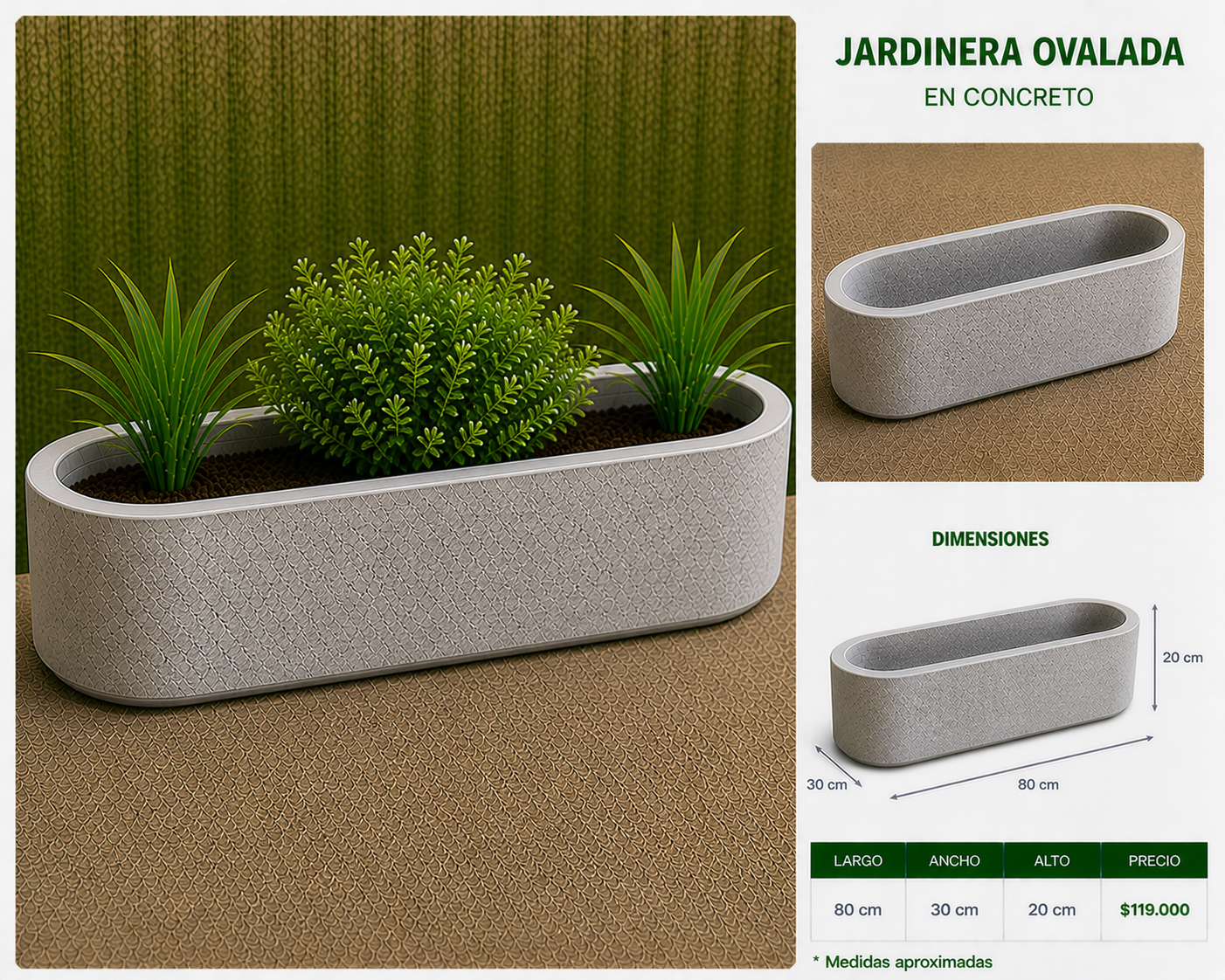 Jardinera Ovalada en Concreto 80x30x20 cm