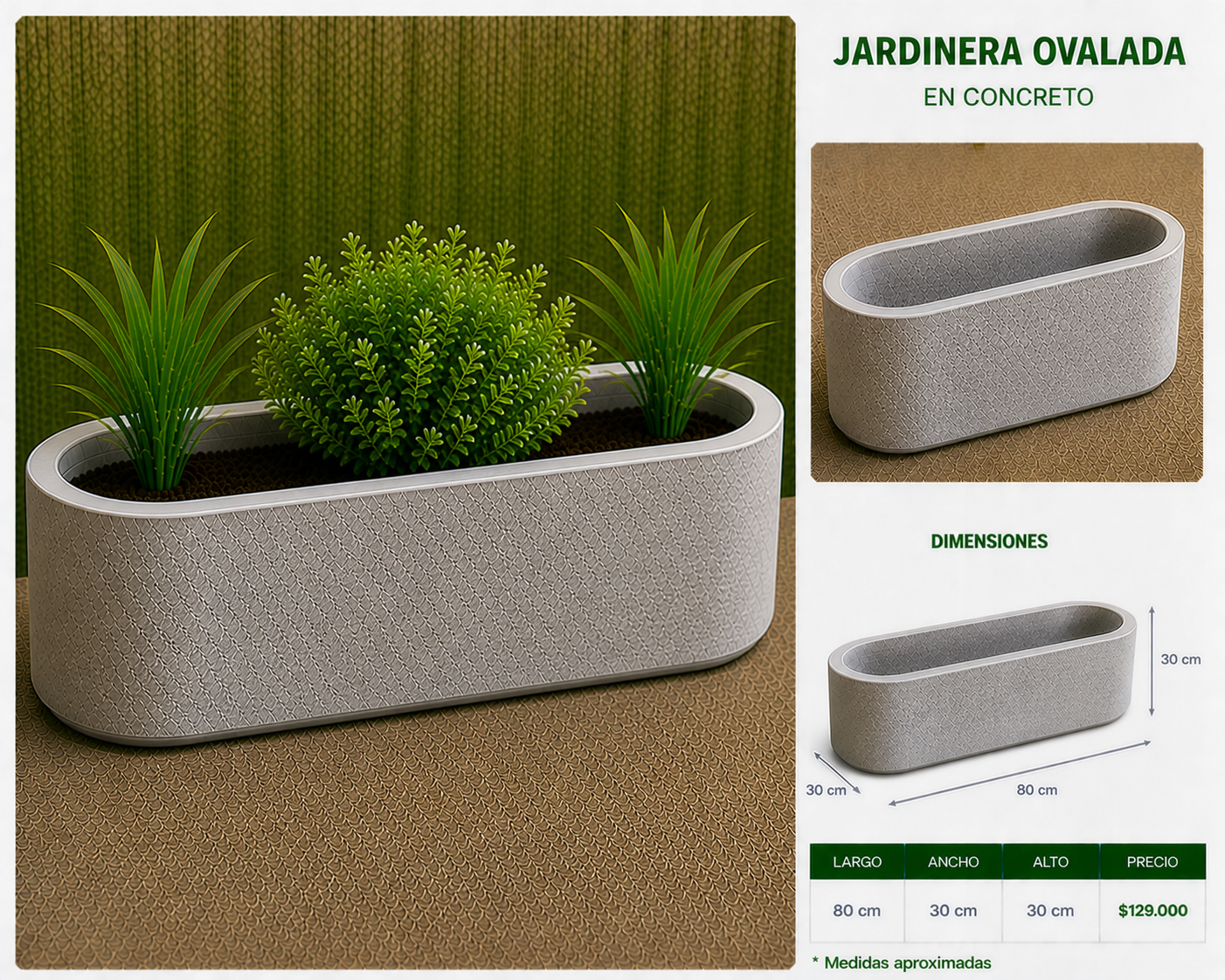 Jardinera Ovalada en Concreto 80x30x30 cm