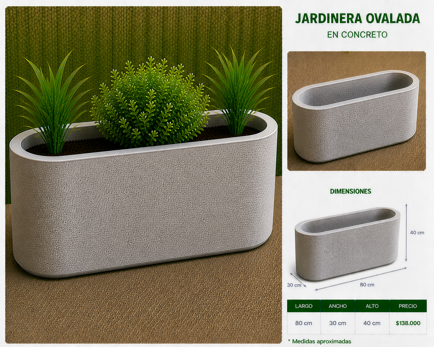 Jardinera Ovalada en Concreto 80x30x40 cm