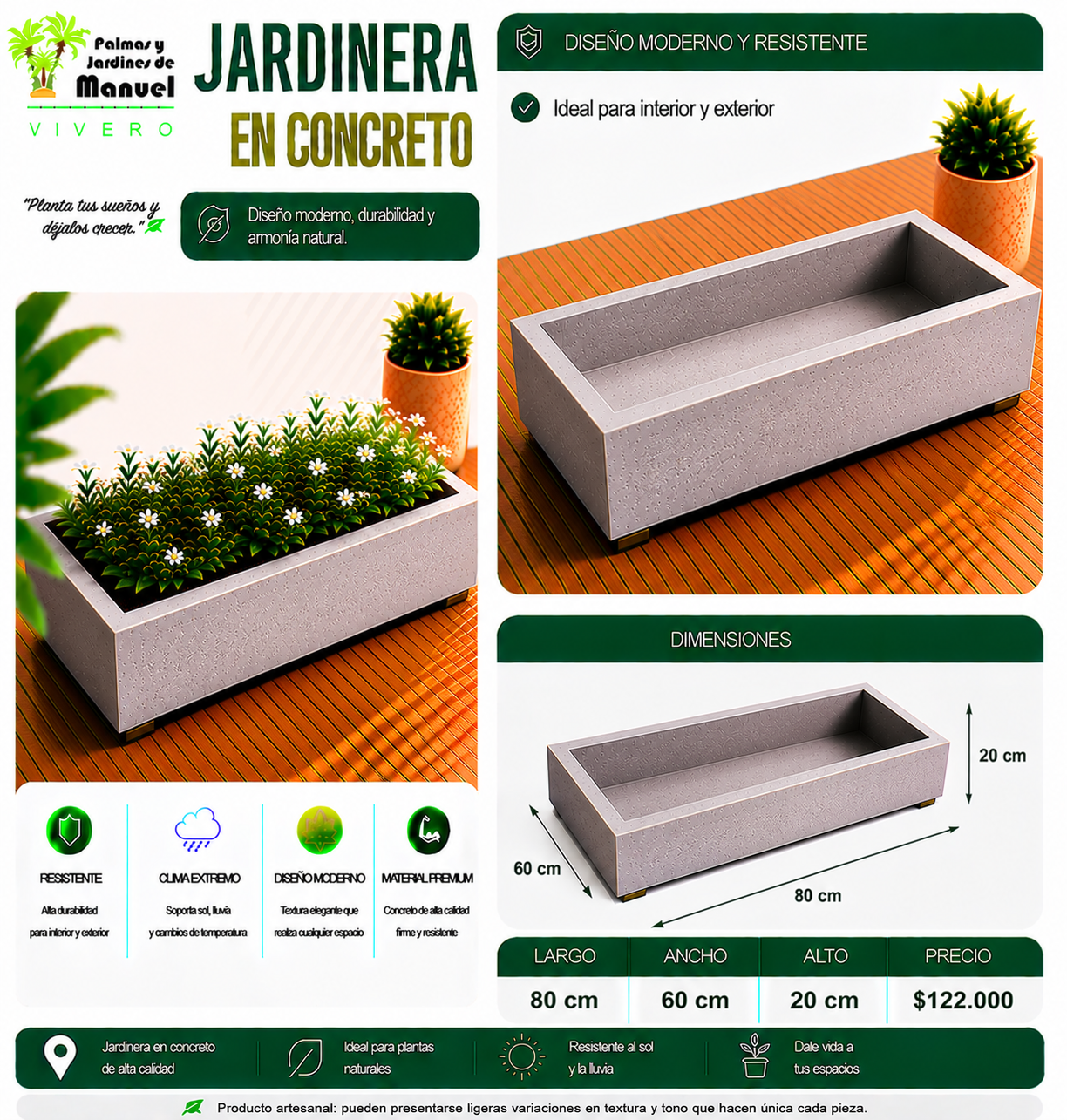 Jardinera en Concreto 80x60x20 cm