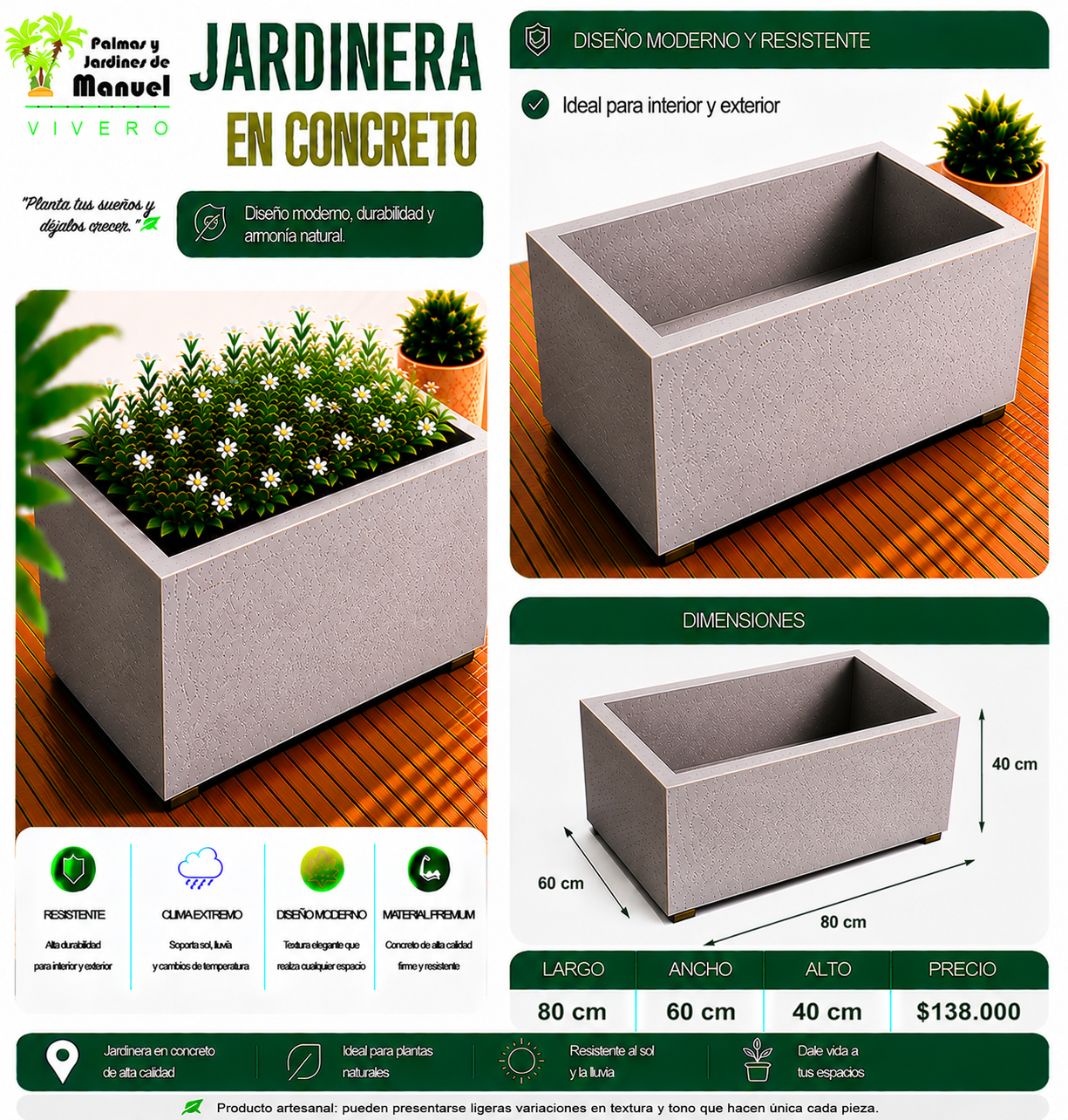 Jardinera en Concreto 80x60x40 cm