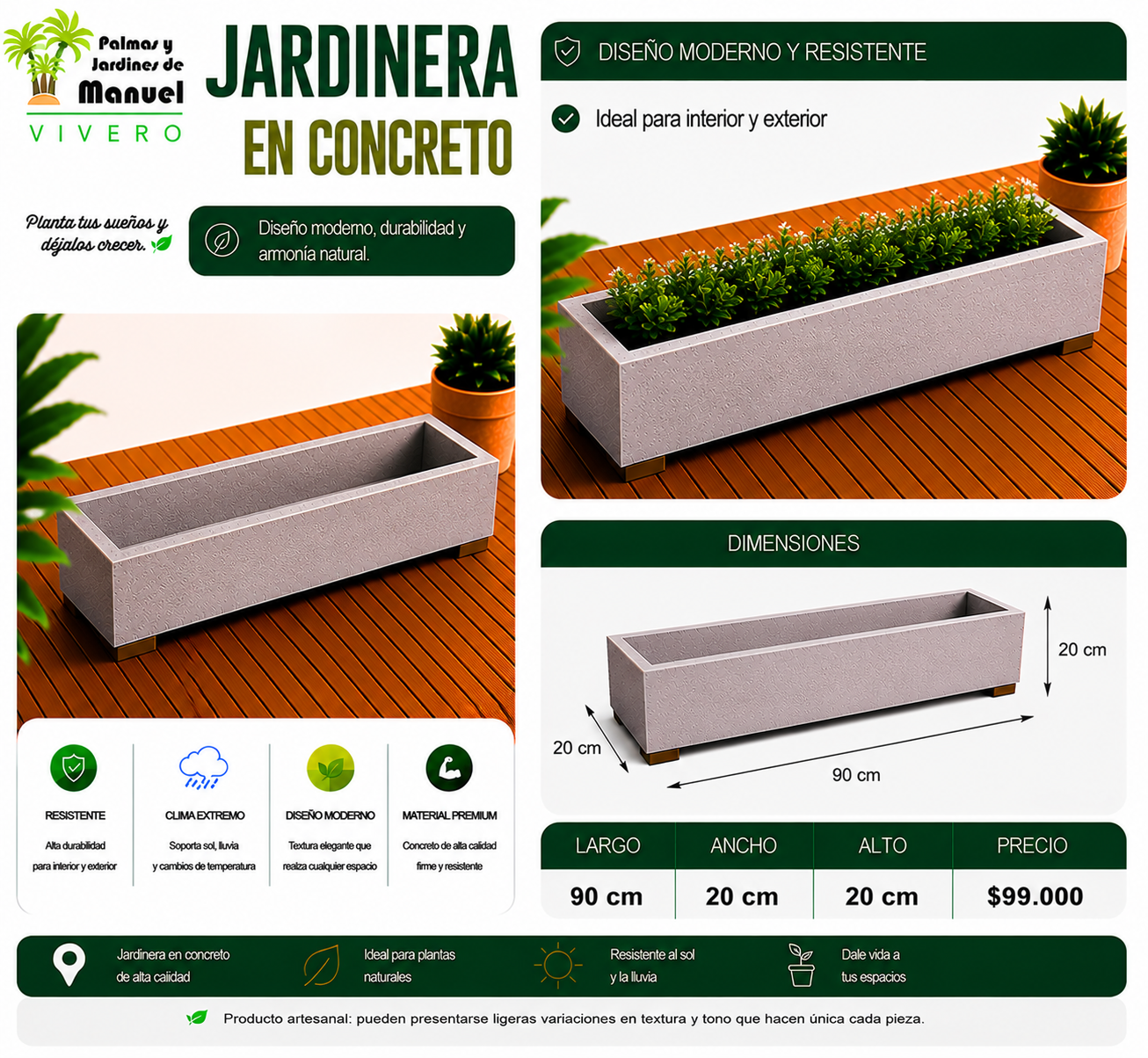 Jardinera en Concreto 90x20x20 cm