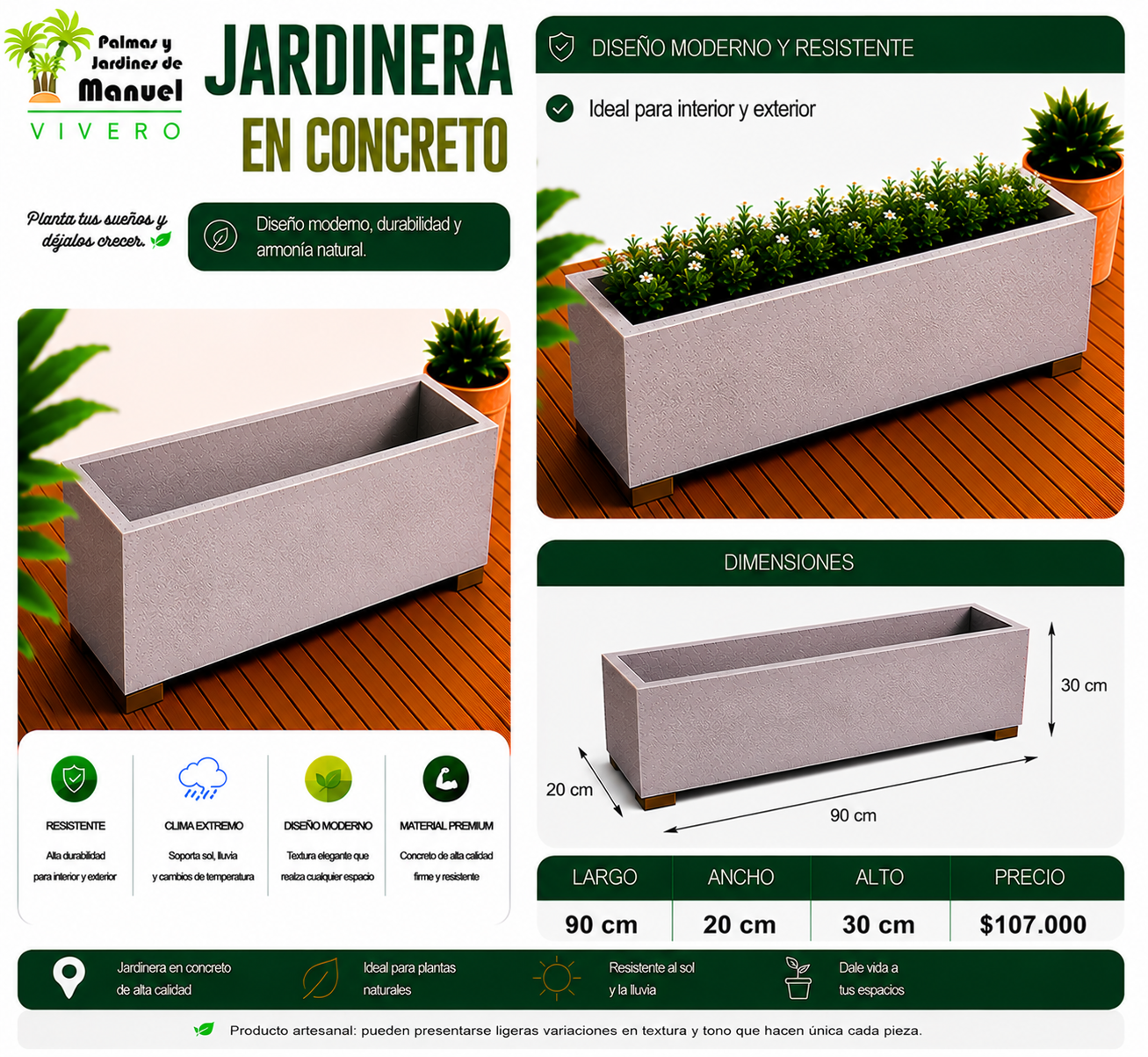 Jardinera en Concreto 90x20x30 cm