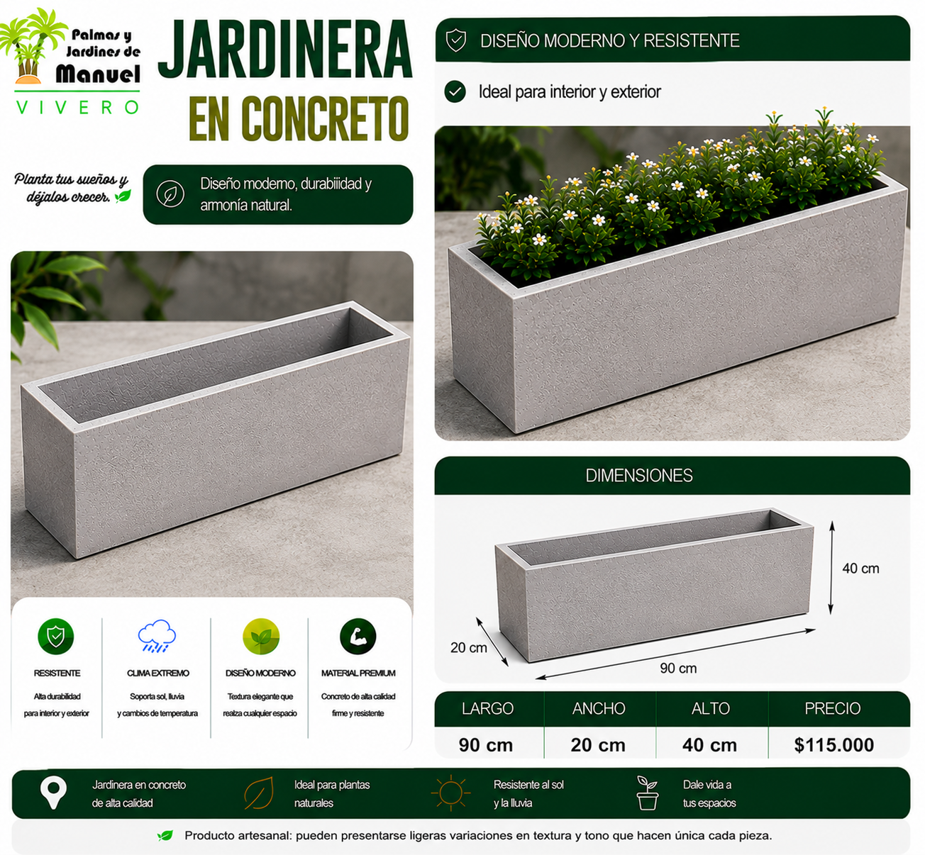 Jardinera en Concreto 90x20x40 cm