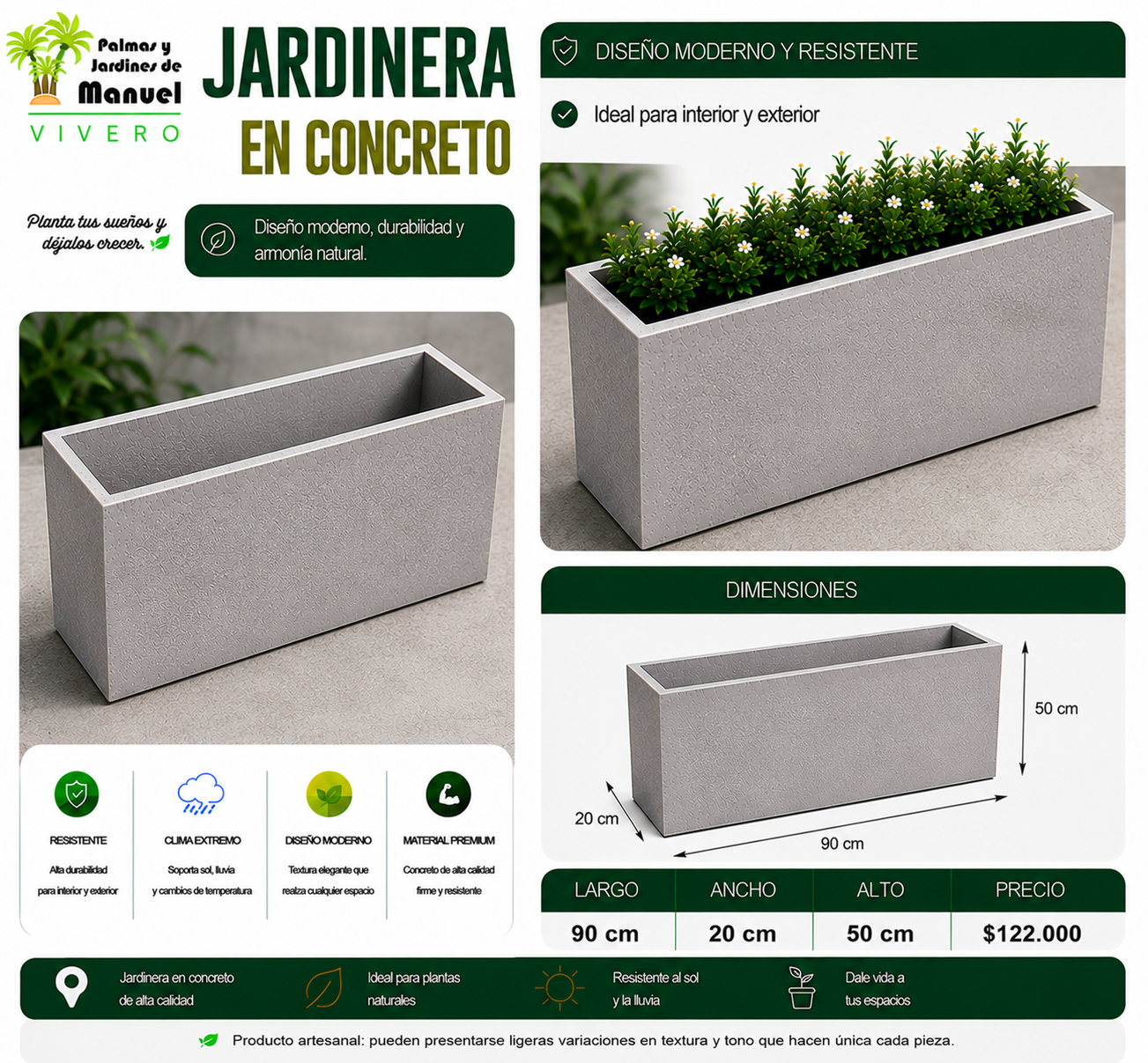 Jardinera en Concreto 90x20x50 cm