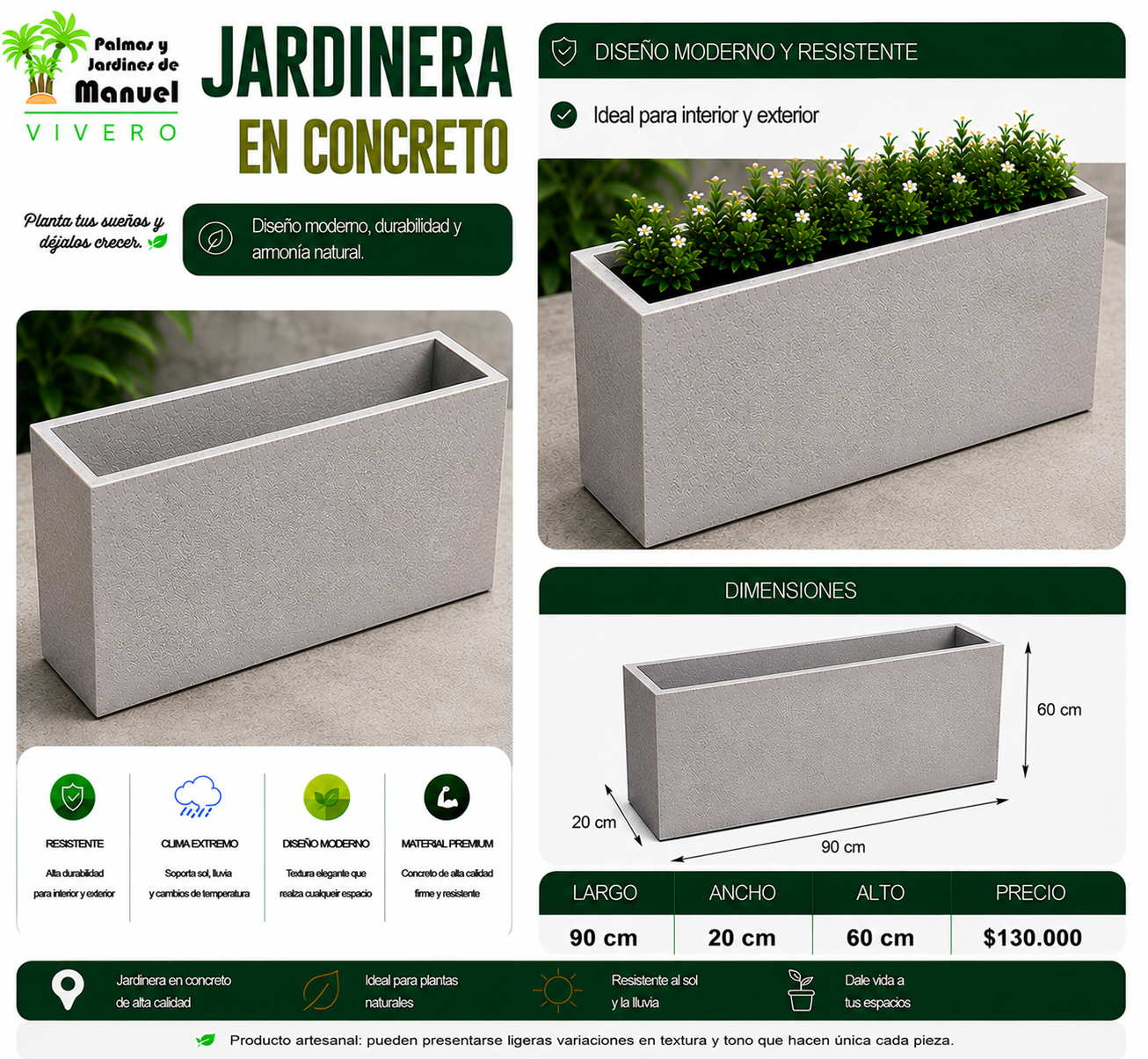 Jardinera en Concreto 90x20x60 cm