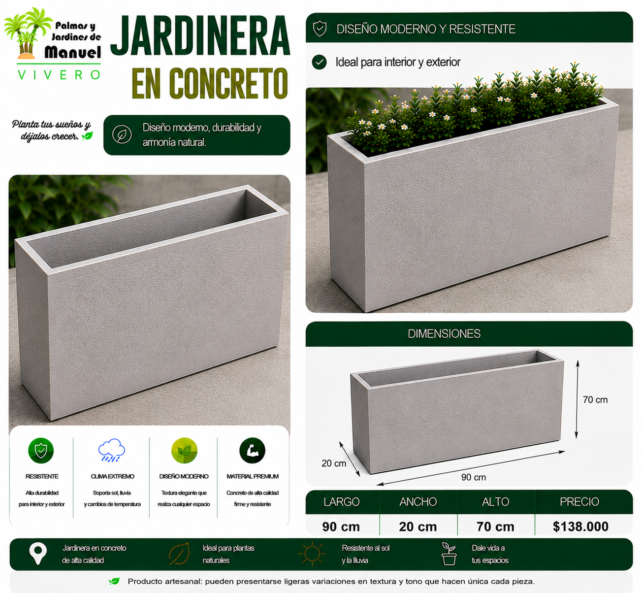 Jardinera en Concreto 90x20x70 cm