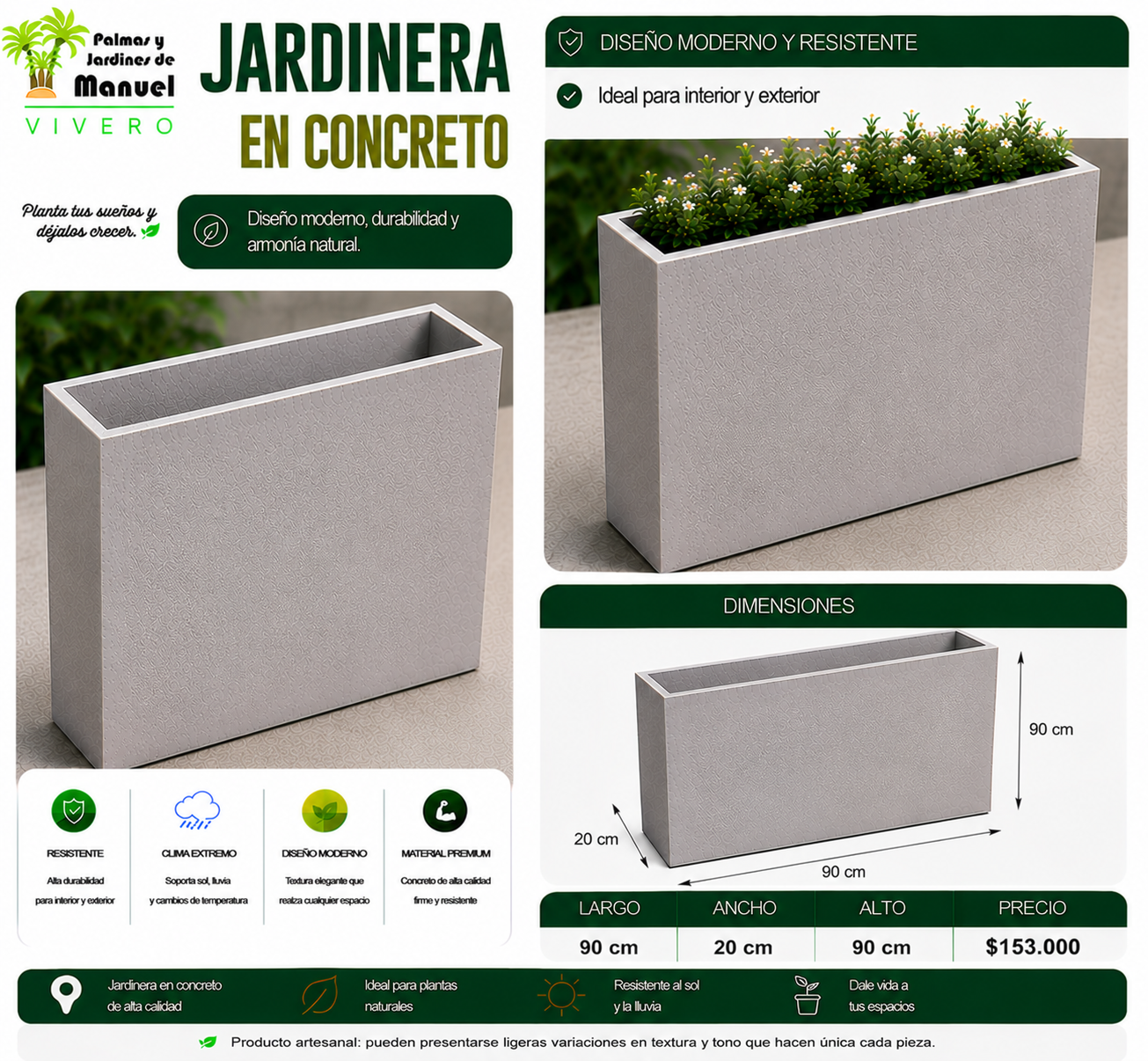 Jardinera en Concreto 90x20x90 cm