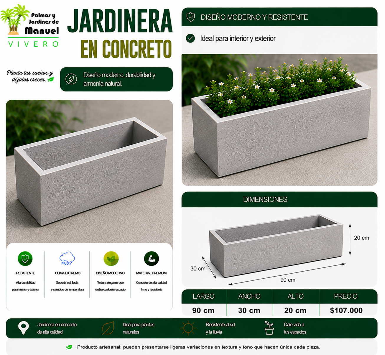 Jardinera en Concreto 90x30x20 cm