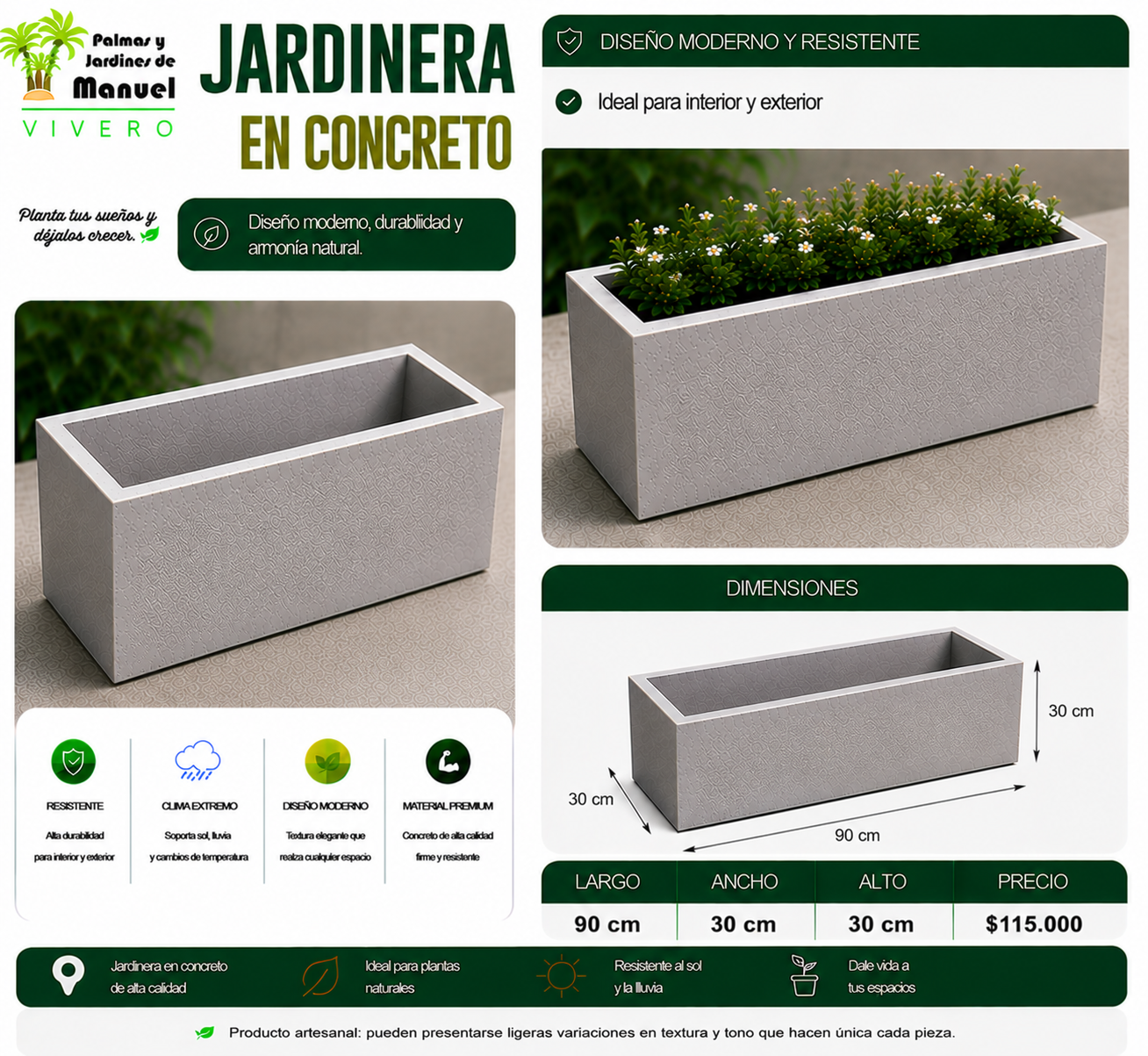Jardinera en Concreto 90x30x30 cm
