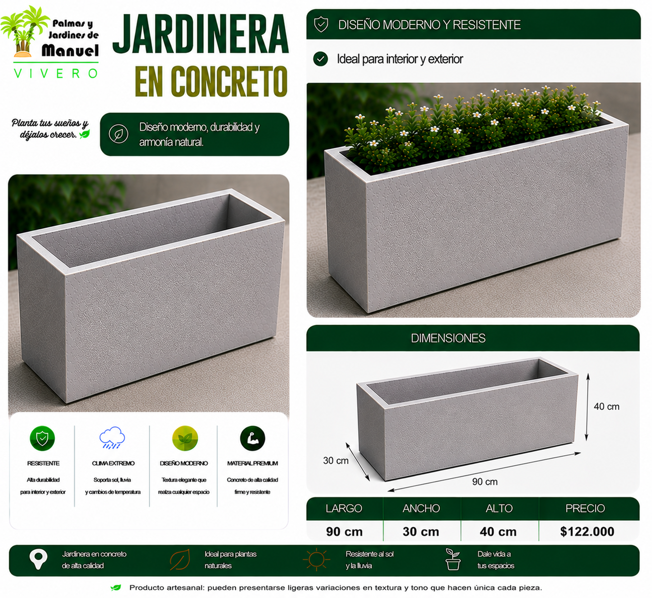 Jardinera en Concreto 90x30x40 cm