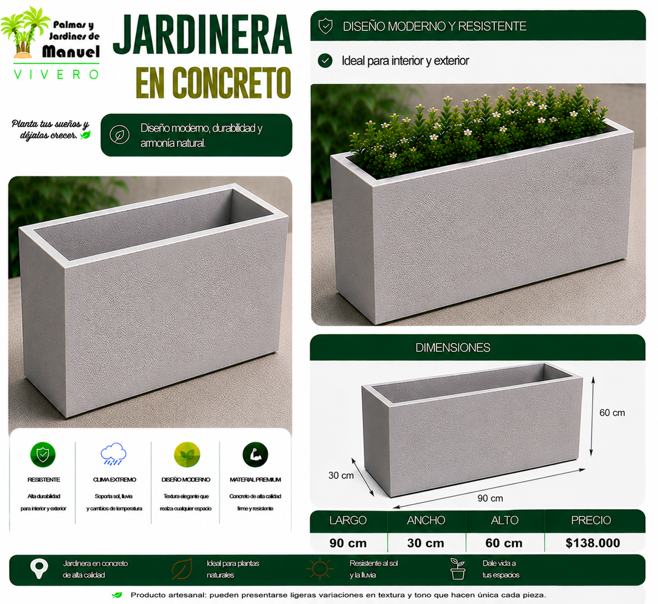 Jardinera en Concreto 90x30x60 cm