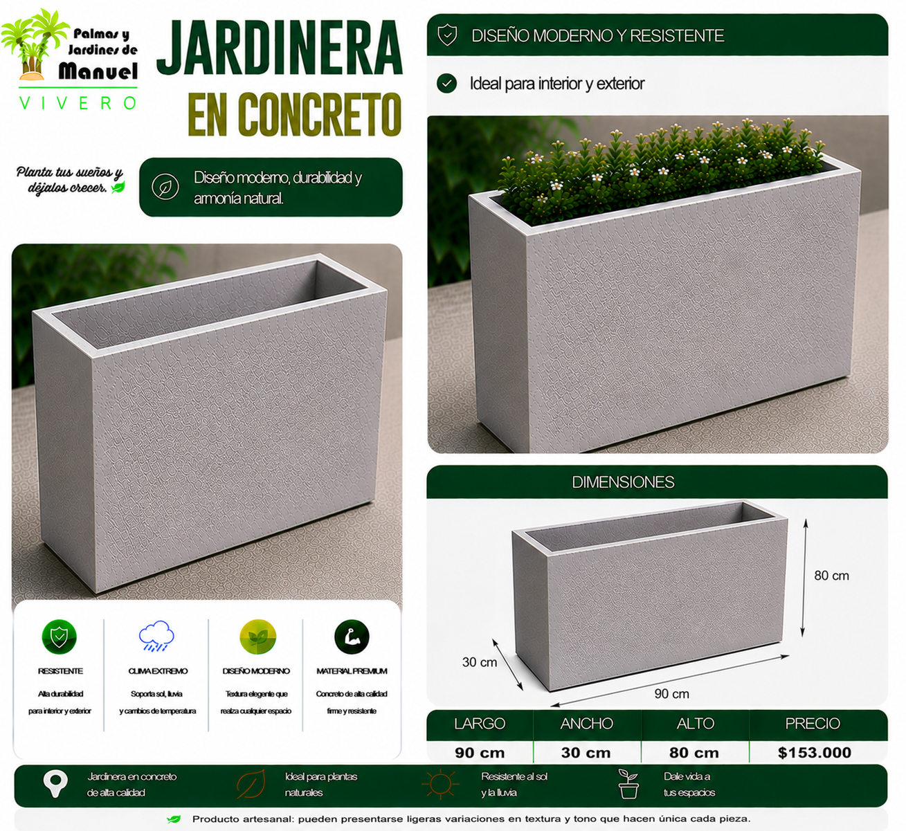 Jardinera en Concreto 90x30x80 cm