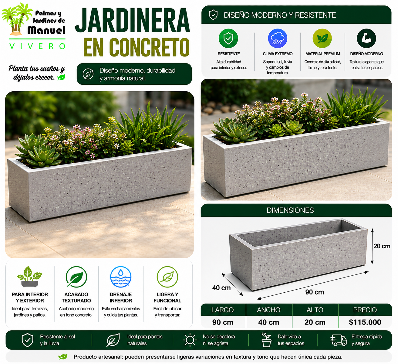 Jardinera en Concreto 90x40x20 cm
