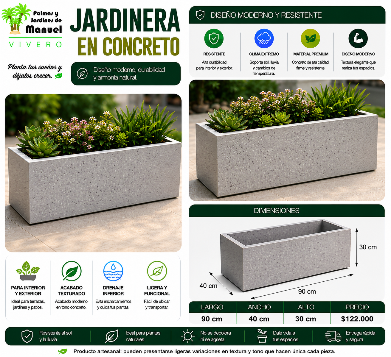 Jardinera en Concreto 90x40x30 cm