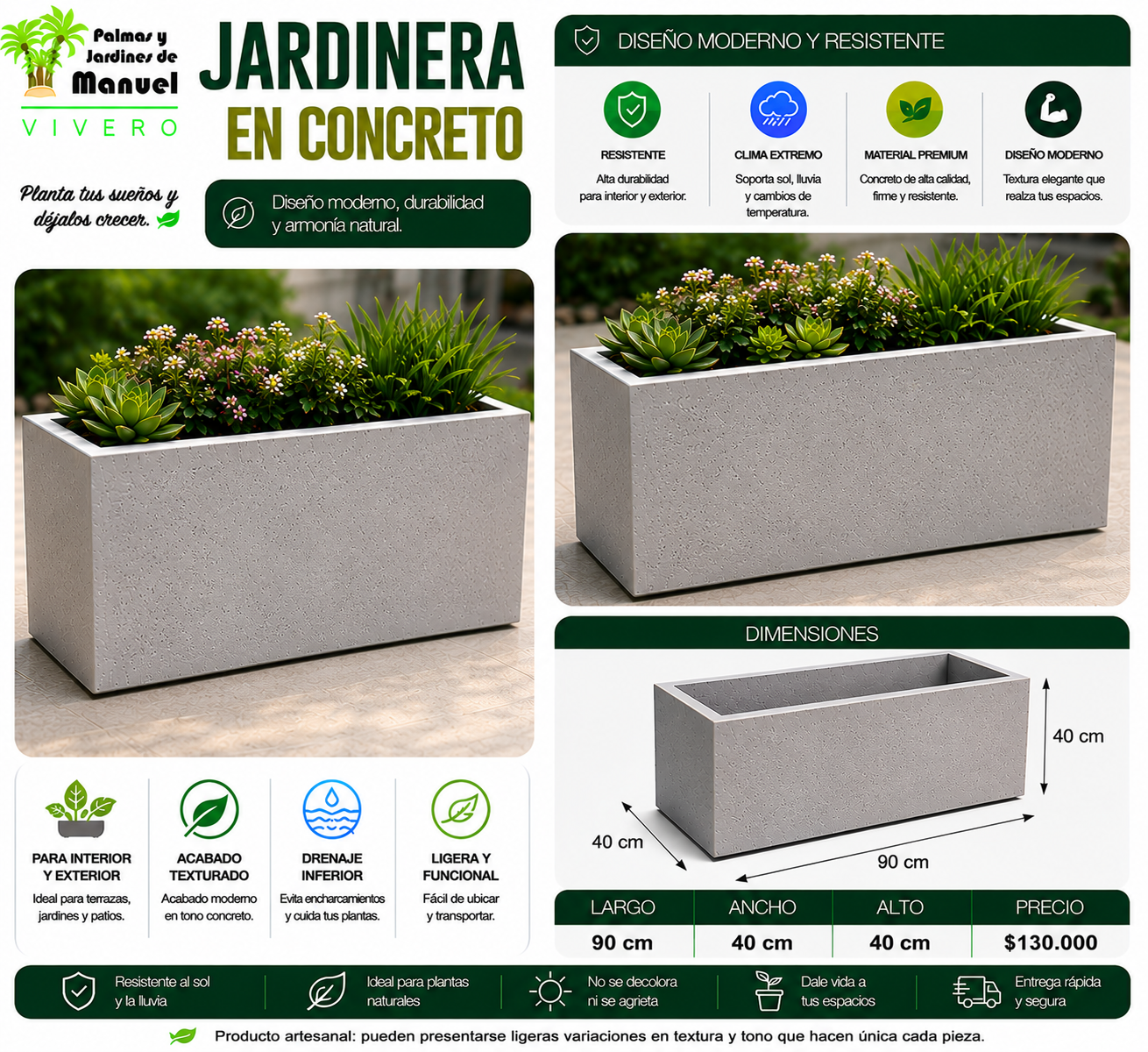 Jardinera en Concreto 90x40x40 cm