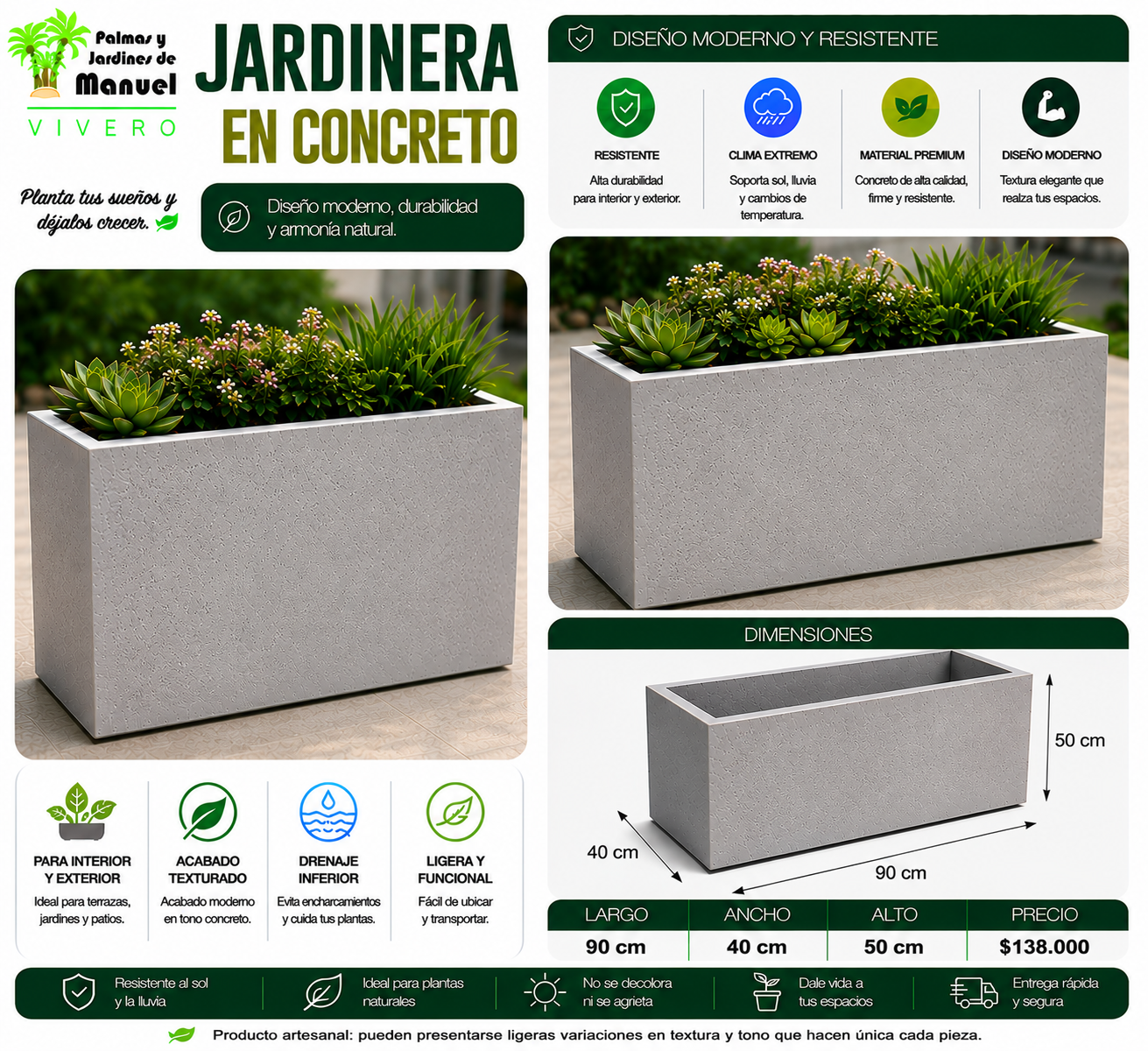 Jardinera en Concreto 90x40x50 cm