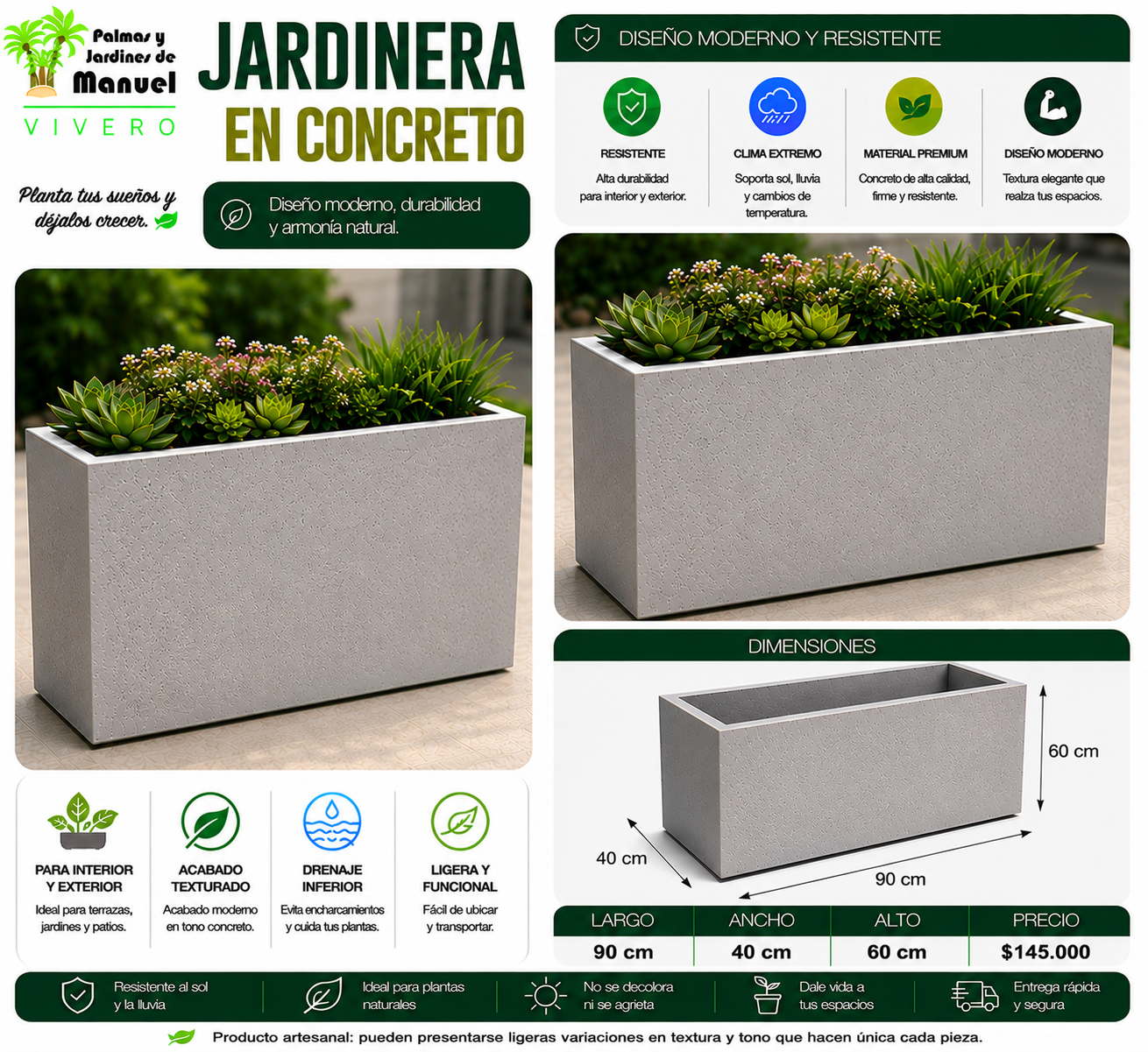 Jardinera en Concreto 90x40x60 cm