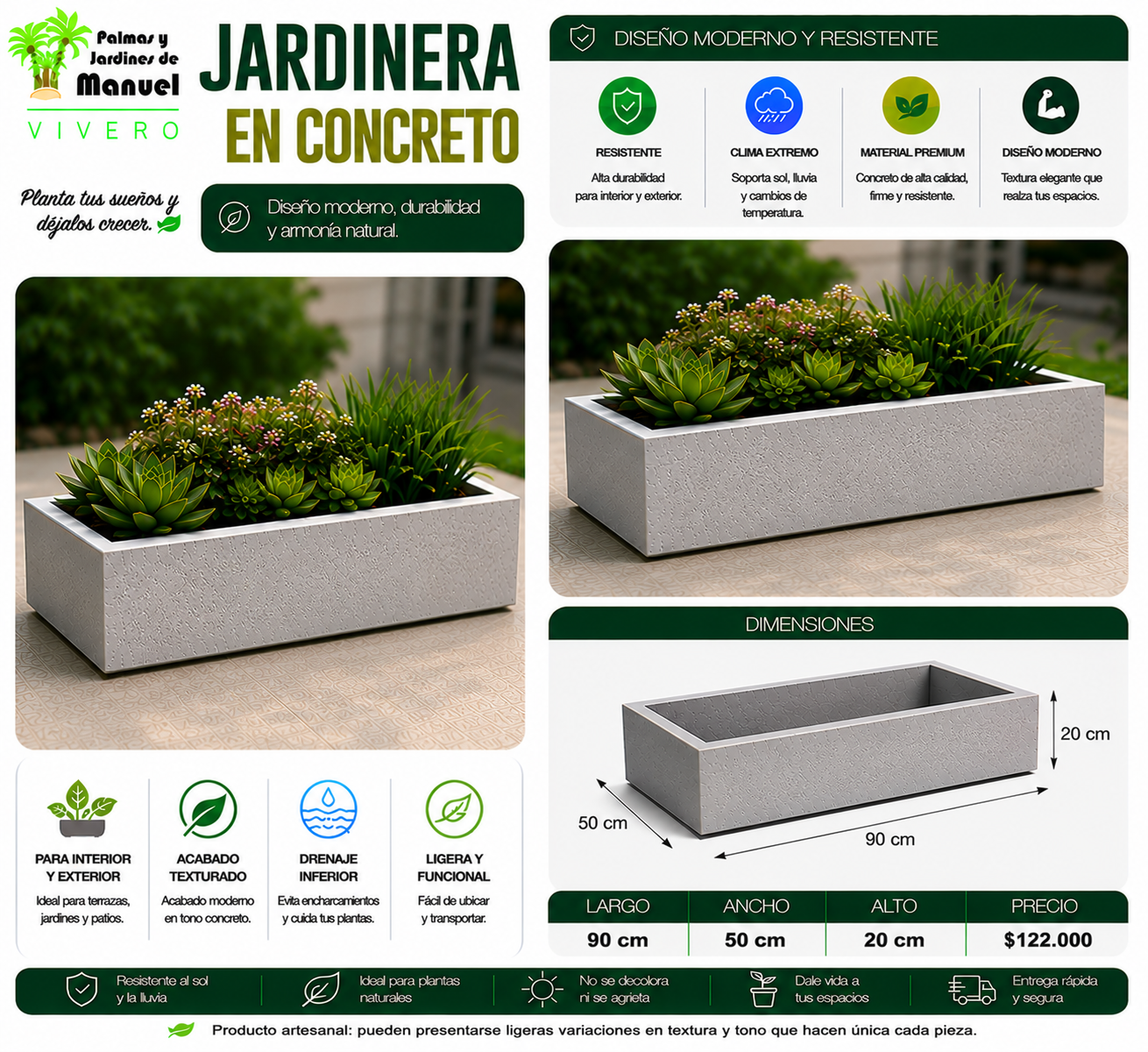 Jardinera en Concreto 90x50x20 cm