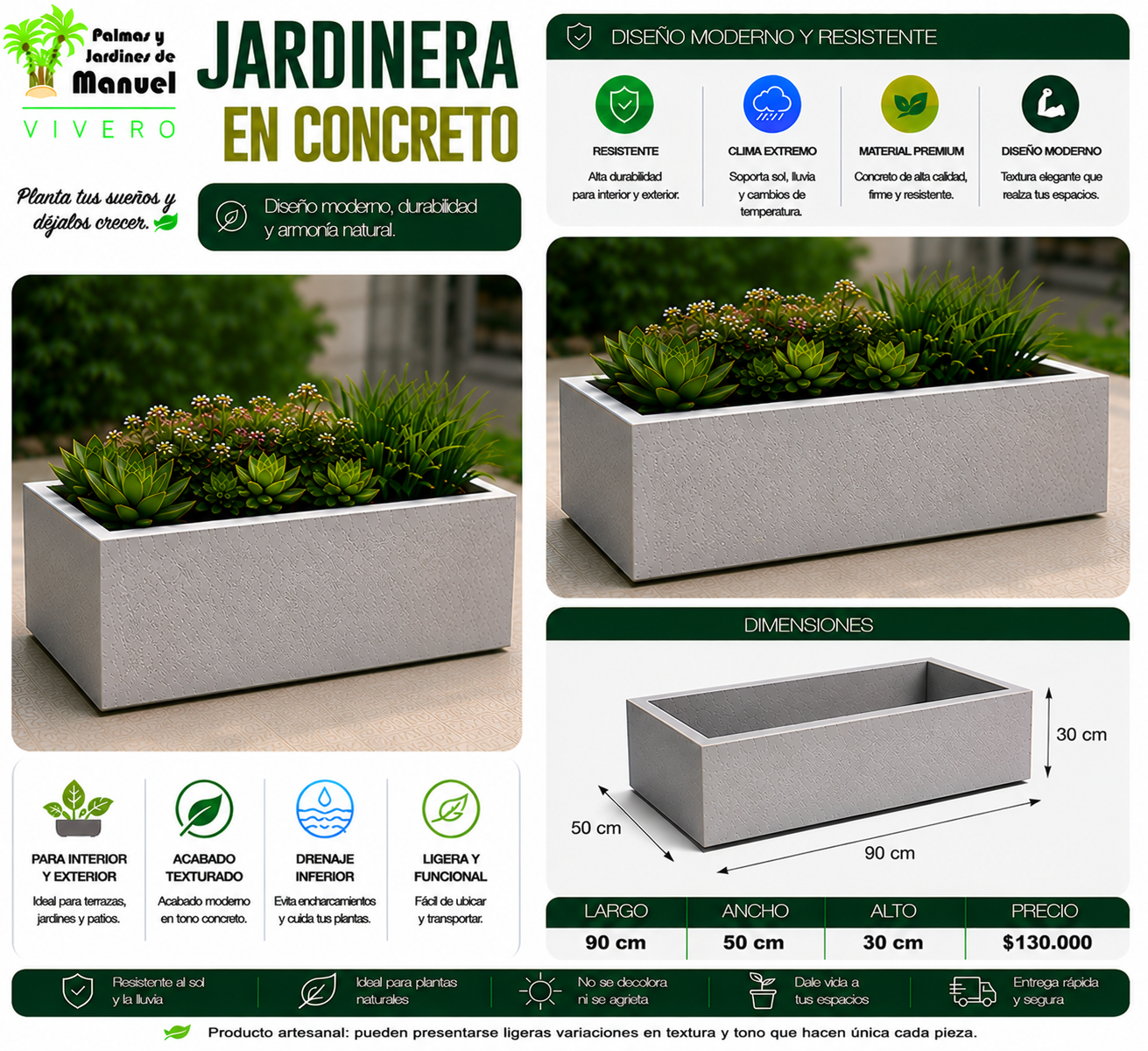 Jardinera en Concreto 90x50x30 cm