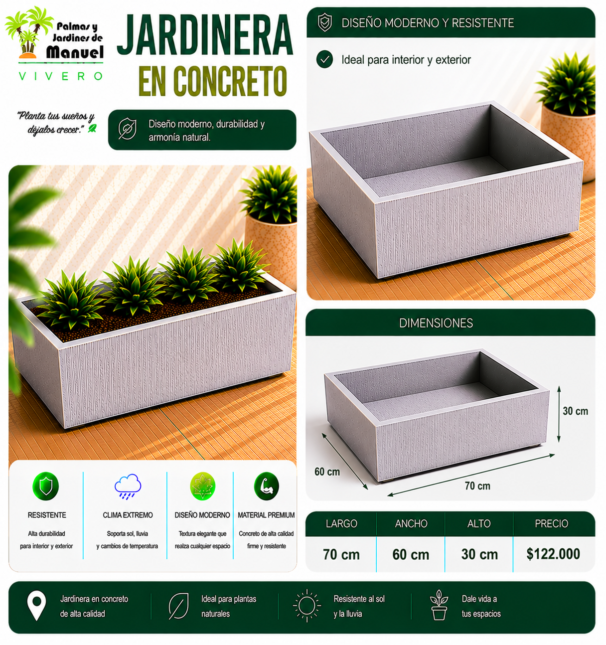 Jardinera en Concreto 70x60x30 cm